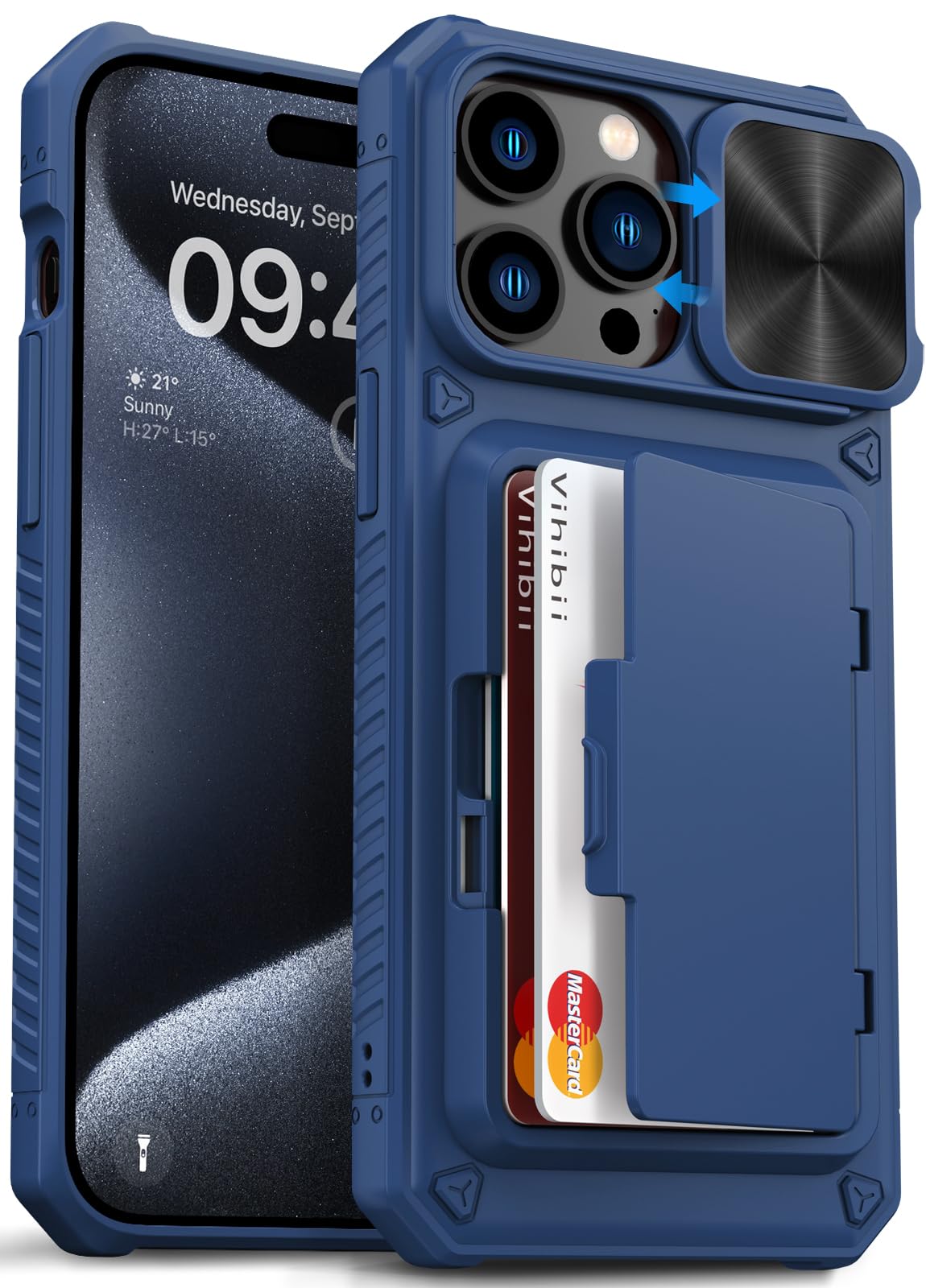 Vihibii for iPhone 15 Pro Max Case with Card Holder & Slide Camera Cover & Kickstand, Military Grade Drop Protection, Rugged Hard Back & Silicone Edge Wallet Phone Case