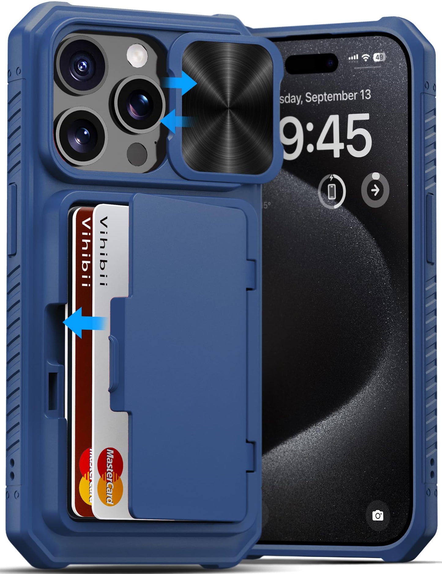 Vihibii for iPhone 15 Pro Max Case with Card Holder & Slide Camera Cover & Kickstand, Military Grade Drop Protection, Rugged Hard Back & Silicone Edge Wallet Phone Case