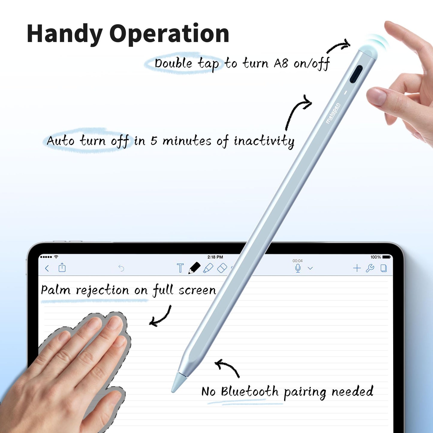 Metapen Pencil A8 Compatible iPad 2X Faster Charge, Palm Rejection, Tilt Sensitivity Stylus Pen Compatible Apple iPad/ Pro 12.9/11/13 Inch, iPad Air 3-6, iPad Mini 5/6