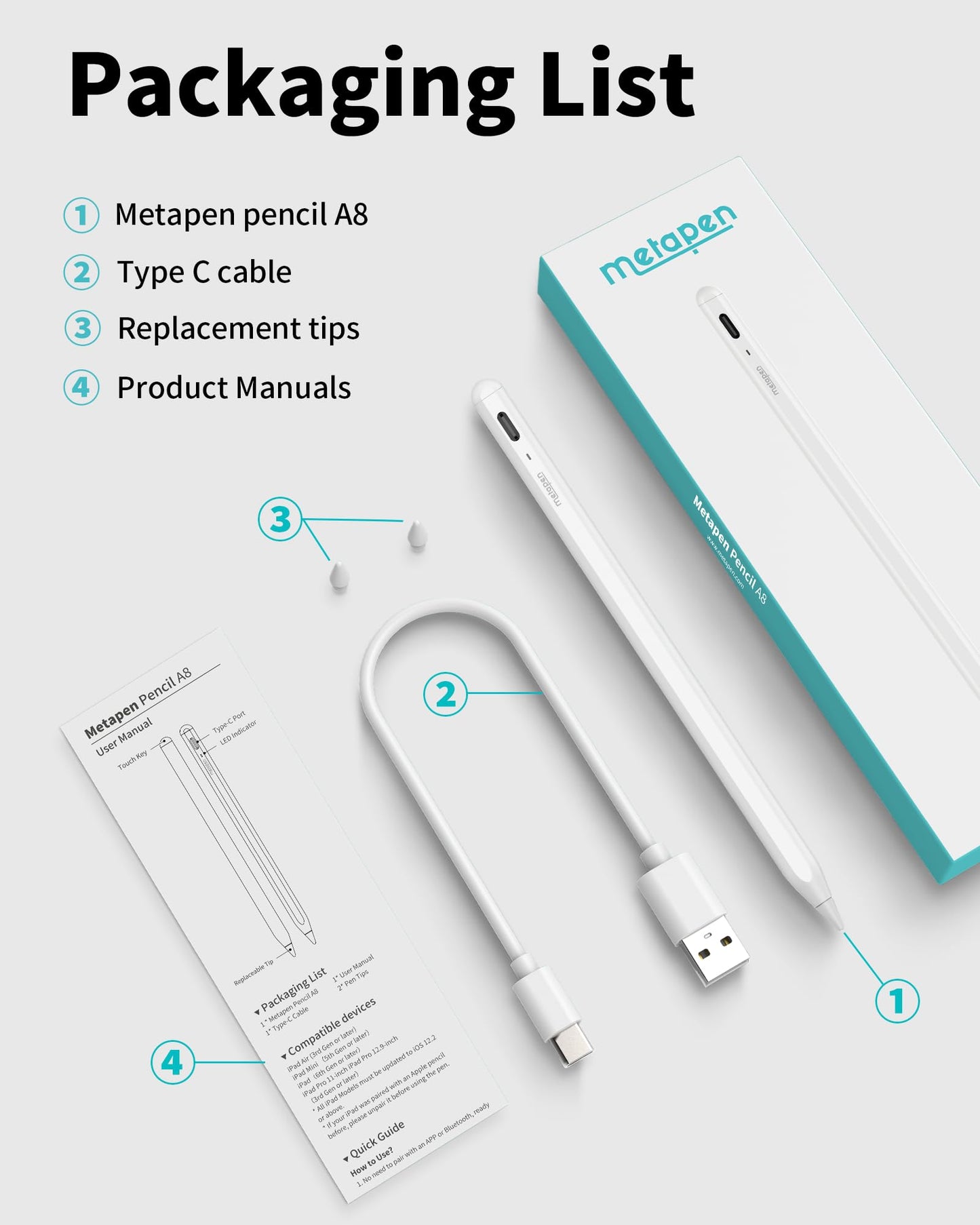 Metapen Pencil A8 Compatible iPad 2X Faster Charge, Palm Rejection, Tilt Sensitivity Stylus Pen Compatible Apple iPad/ Pro 12.9/11/13 Inch, iPad Air 3-6, iPad Mini 5/6