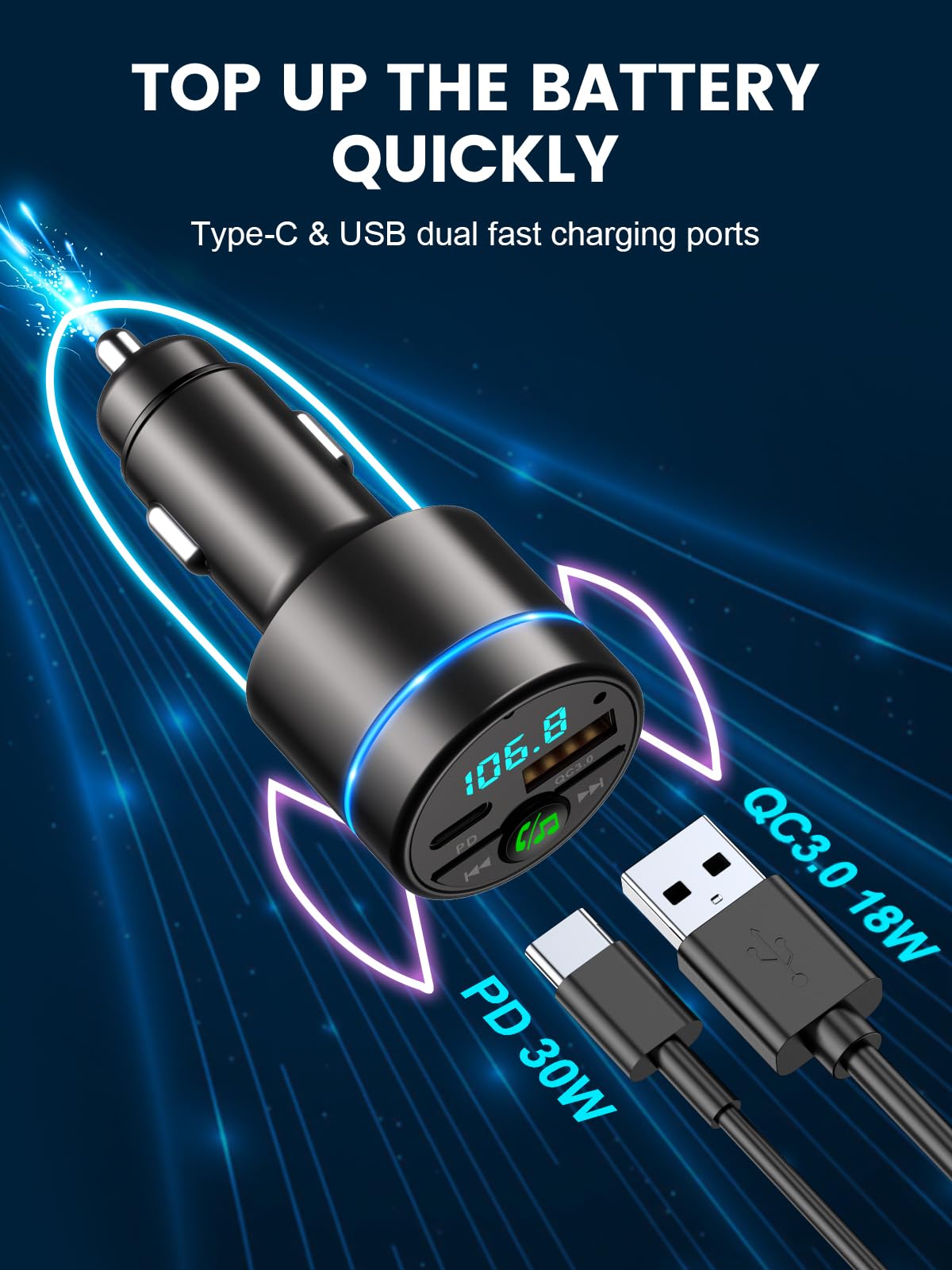 Bluetooth Car Adapter 5.3, Mohard All-Metal PD 30W & QC3.0 18W Fast Car Charger, Wireless FM Radio Car Kit FM Transmitter for Car,Noise Cancelling Hands-Free Call