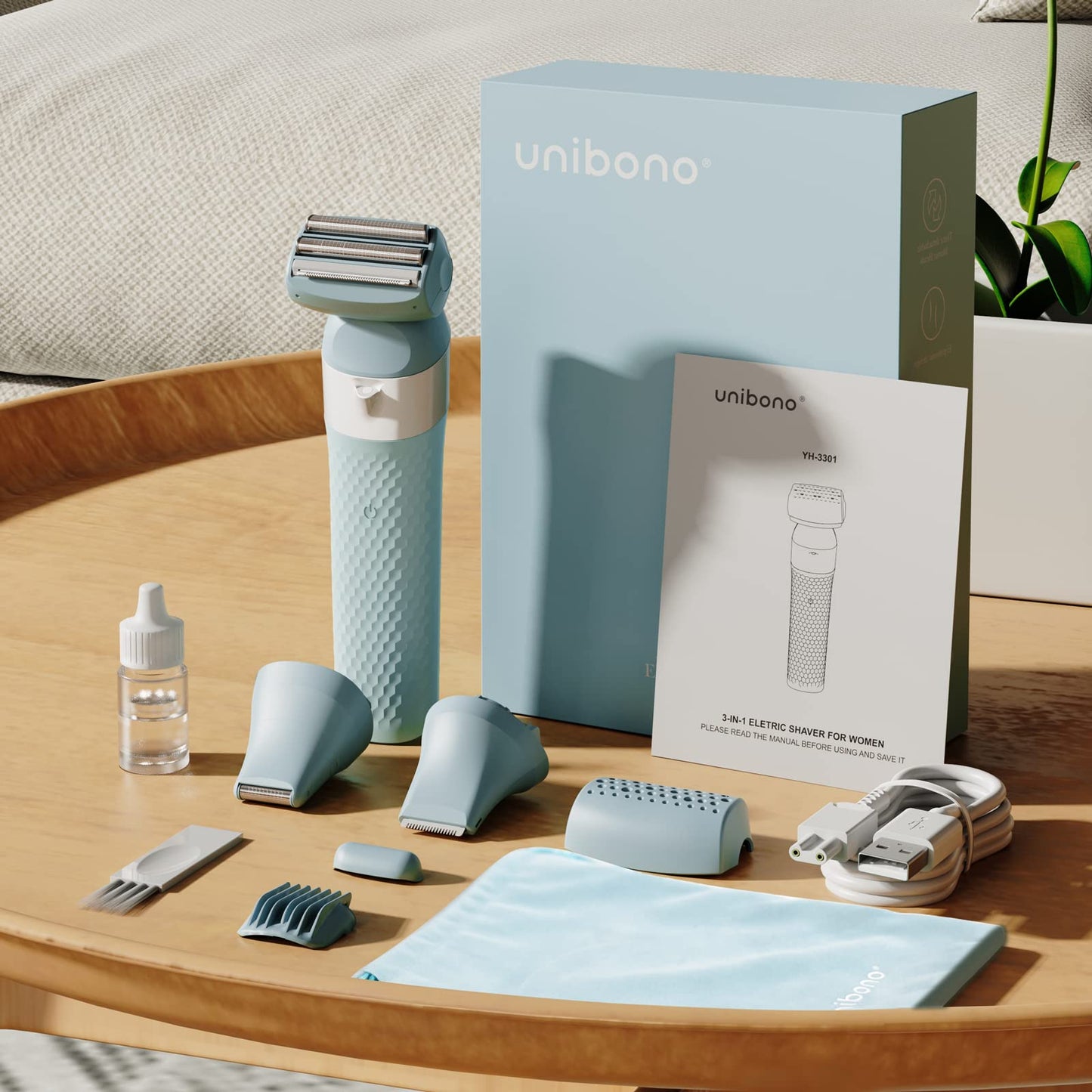 Unibono Lady Shaver Trimmer Kit, Cordless Electric Razor for Women Body Hair Removal, Rechargeable, Pubic, Legs, Wet & Dry Painless Dual Foil Shave with LED Light