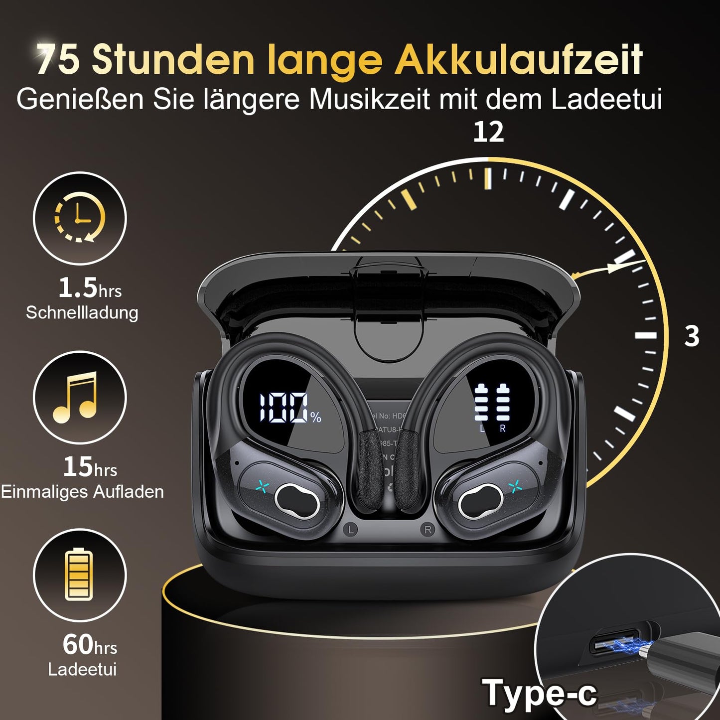 STECEi Wireless Earbuds β 75H Bluetooth 5.4 Earphones with ENC Noise Cancelling Mics, HiFi Stereo Sound, Earhooks, IP7 Waterproof for Running, Gym & Sports (Black)