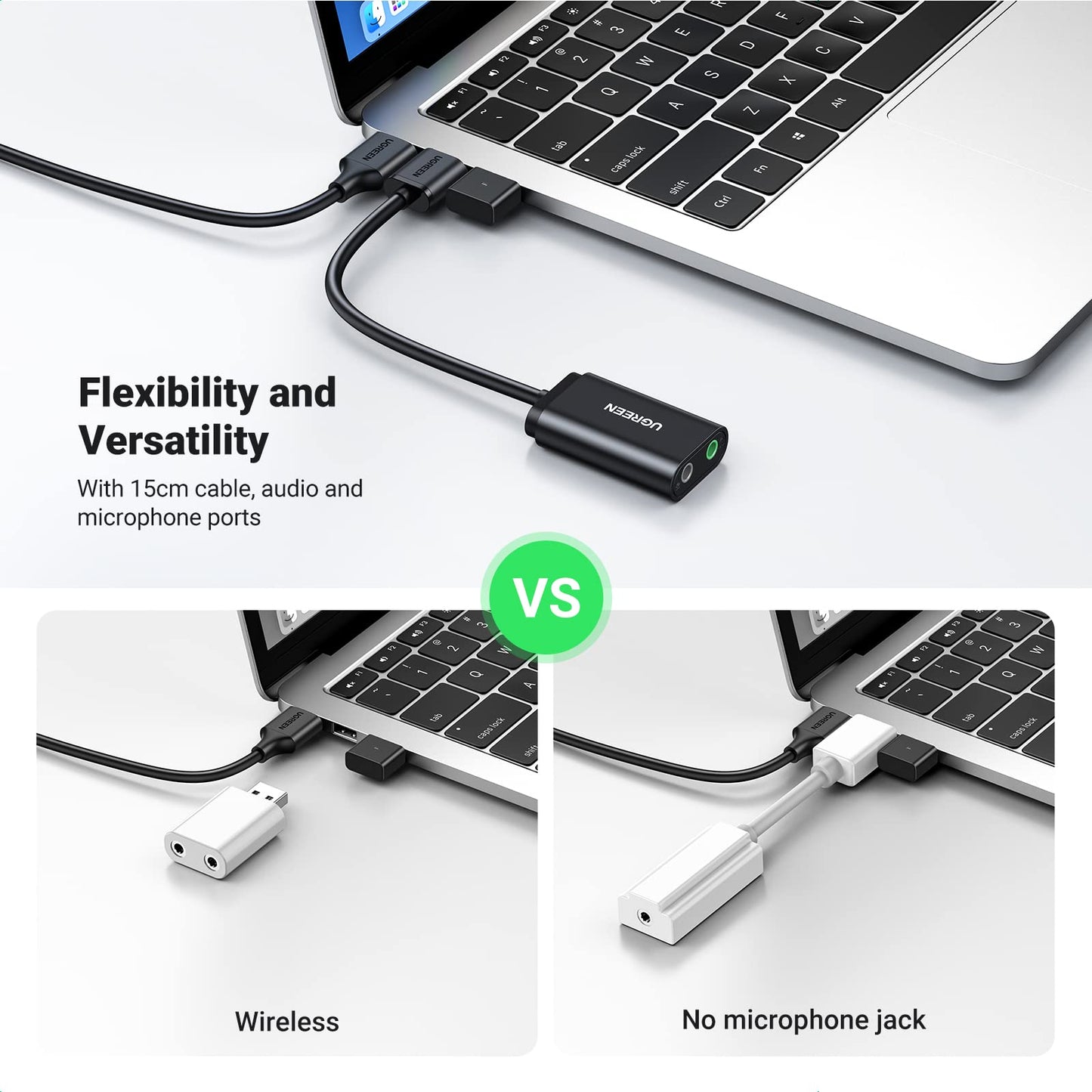 UGREEN USB Sound Card USB 2.0 to 3.5mm Jack Audio Adapter Dual Aux Stereo Headphone Microphone Splitter External DAC Dongle Compatible with Laptop Raspberry Mac Windows Linux