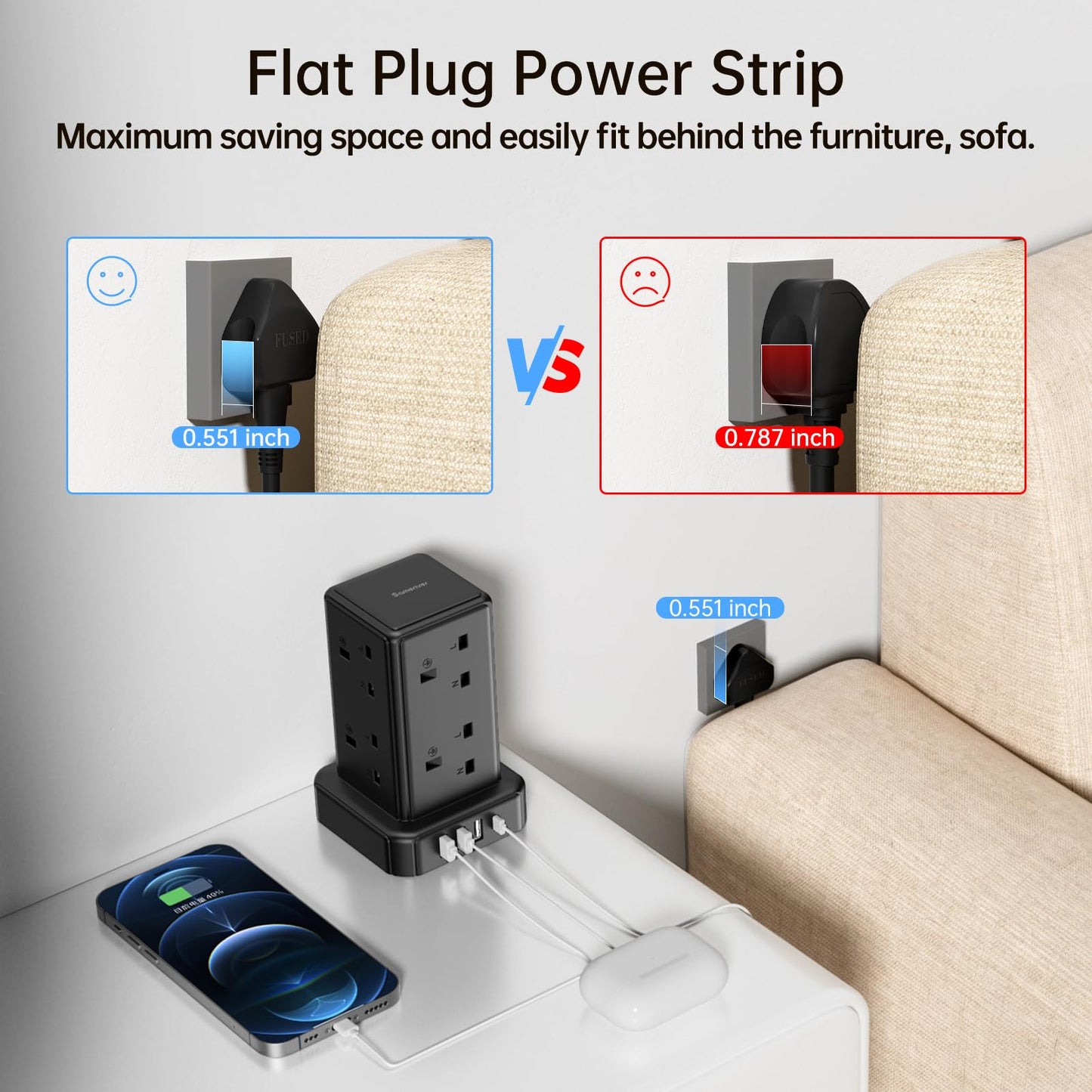 Tower Extension lead with USB Slots, 8 Way Extension Lead Surge Protection with Switch 8 AC Outlets & 4 USB Ports Plug Extension Socket Cable 2M Mini Power Strip for Home