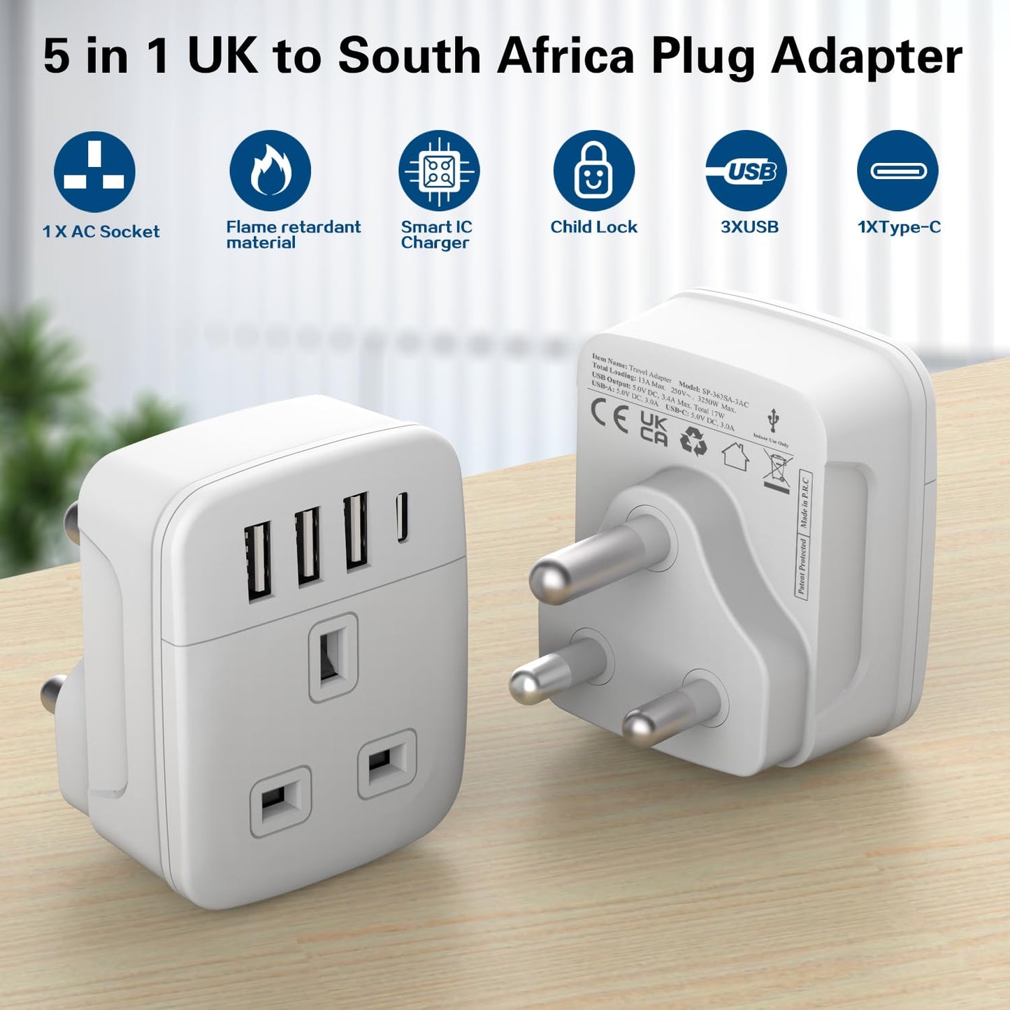 Amoi UK to South Africa Plug Adapter,Grounded Type M South Africa Plug Adapter, with 4 USB Ports 17W USB C Fast Travel Charger, Africa,Namibia, Swaziland, Lesotho, Bhutan,Botswana(Type M)