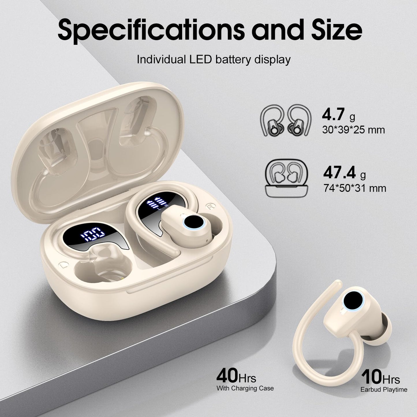 Wireless Earbuds, 2023 Earphones Bluetooth 5.3 Headphones Wireless, Earbuds with Earhooks,Waterproof Stereo Headphones Sport, Dual LED Display, Black