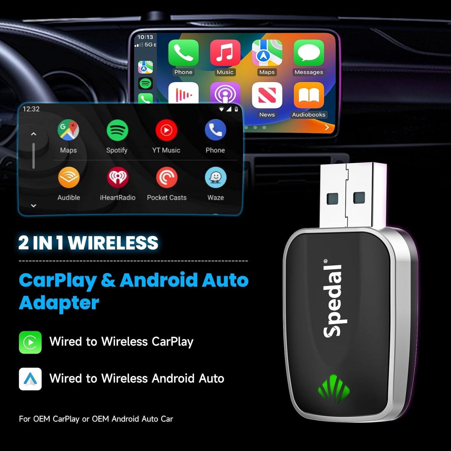 【2025 Mini Wireless CarPlay Adapter UK】Spedal 2-in-1 CarPlay & Android Auto, Converts Wired CarPlay to Wireless, Fit for Cars from 2016 & for iPhone iOS 10+ /Android 11+ Plug & Play, Fast Connection