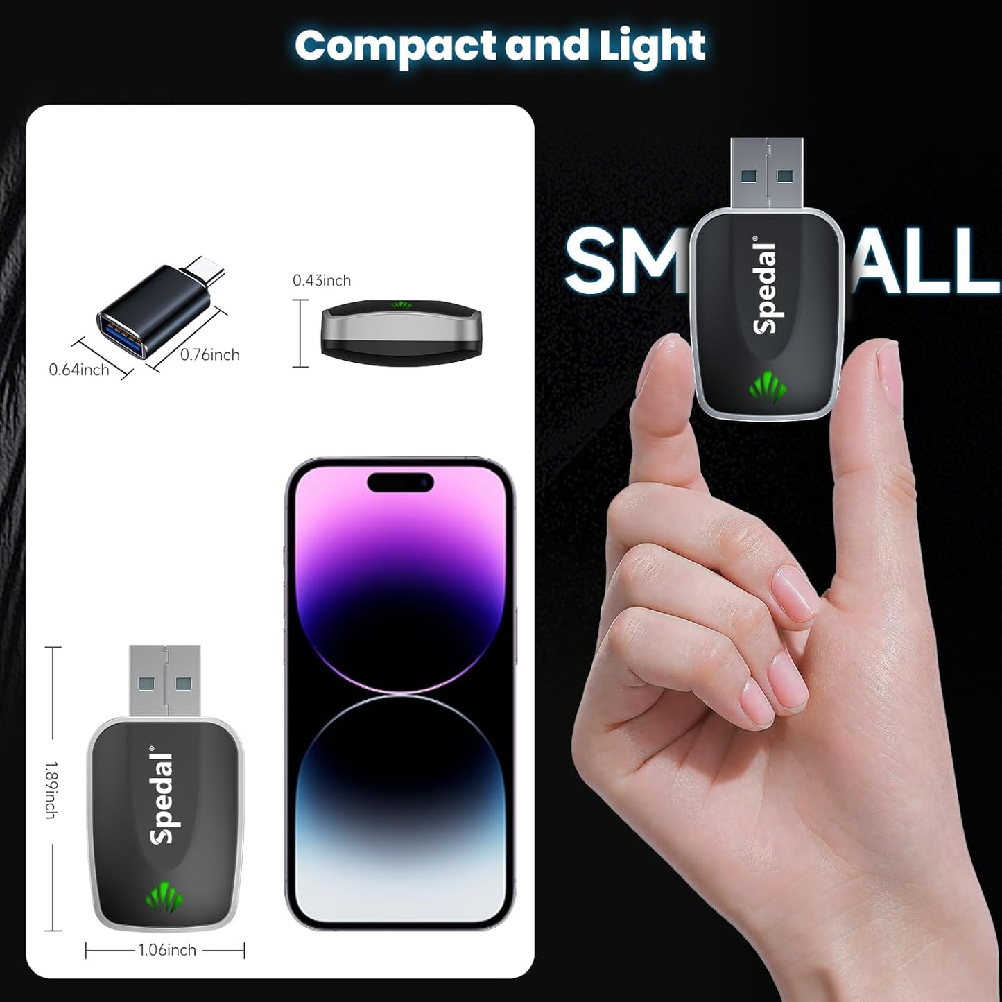 【2025 Mini Wireless CarPlay Adapter UK】Spedal 2-in-1 CarPlay & Android Auto, Converts Wired CarPlay to Wireless, Fit for Cars from 2016 & for iPhone iOS 10+ /Android 11+ Plug & Play, Fast Connection