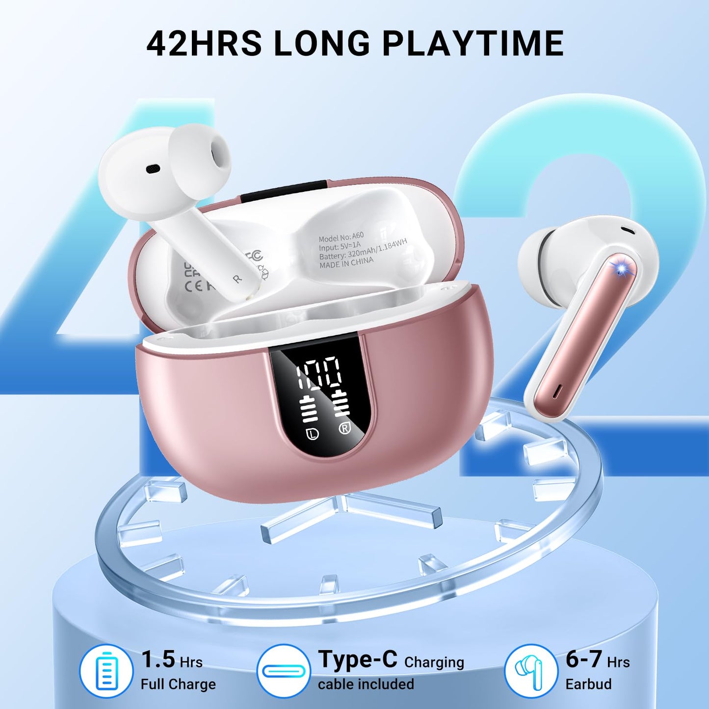 Wireless Earbuds,Earphones Bluetooth 5.3 in Ear with 4 Mic ENC Calls Noise Cancelling Wireless Headphones Mini LED Display HiFi Stereo 42H Playtime Bluetooth Earbuds Touch Control