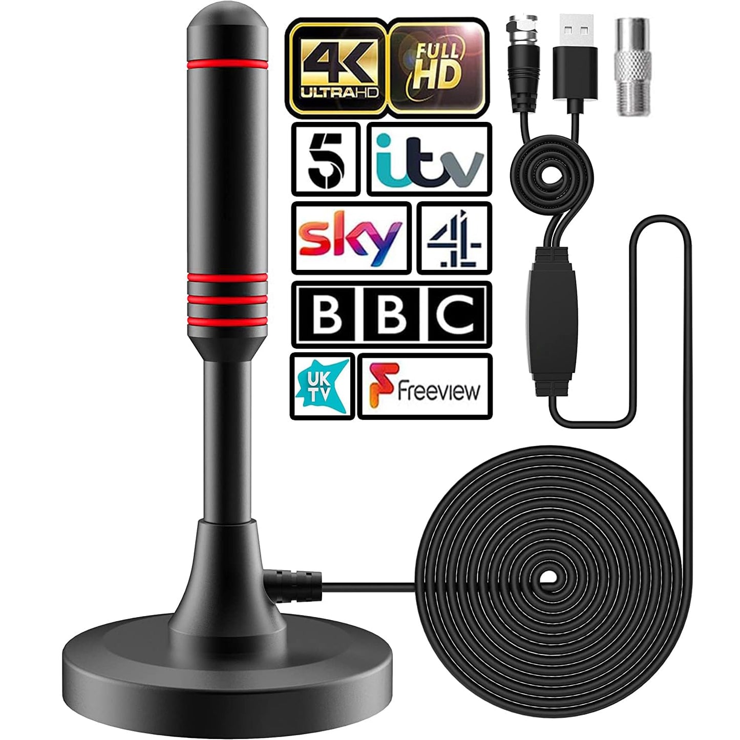 2025 Newest TV Aerial - Indoor TV Aerial for Smart TV with Signal Booster - Digital TV Aerial for Freeview TV 600 Miles Long Range Support 4K 1080P -With Magnetic Base / 16.5FT Coax Cable