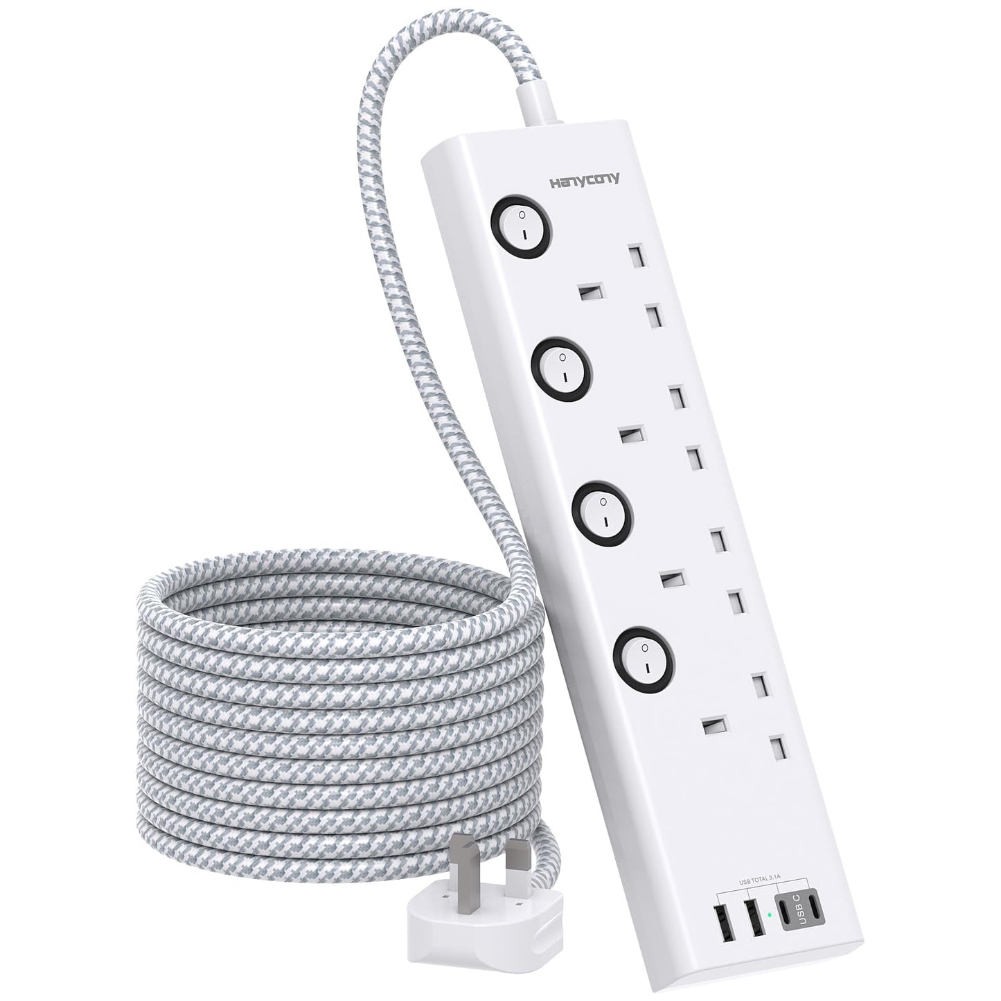 Extension Lead with 4 USB Slots(2 USB C), 4 Way Plug Extension Socket with Individual Switches, 1.8M Extension Cable, Wall Mount Extension Cord
