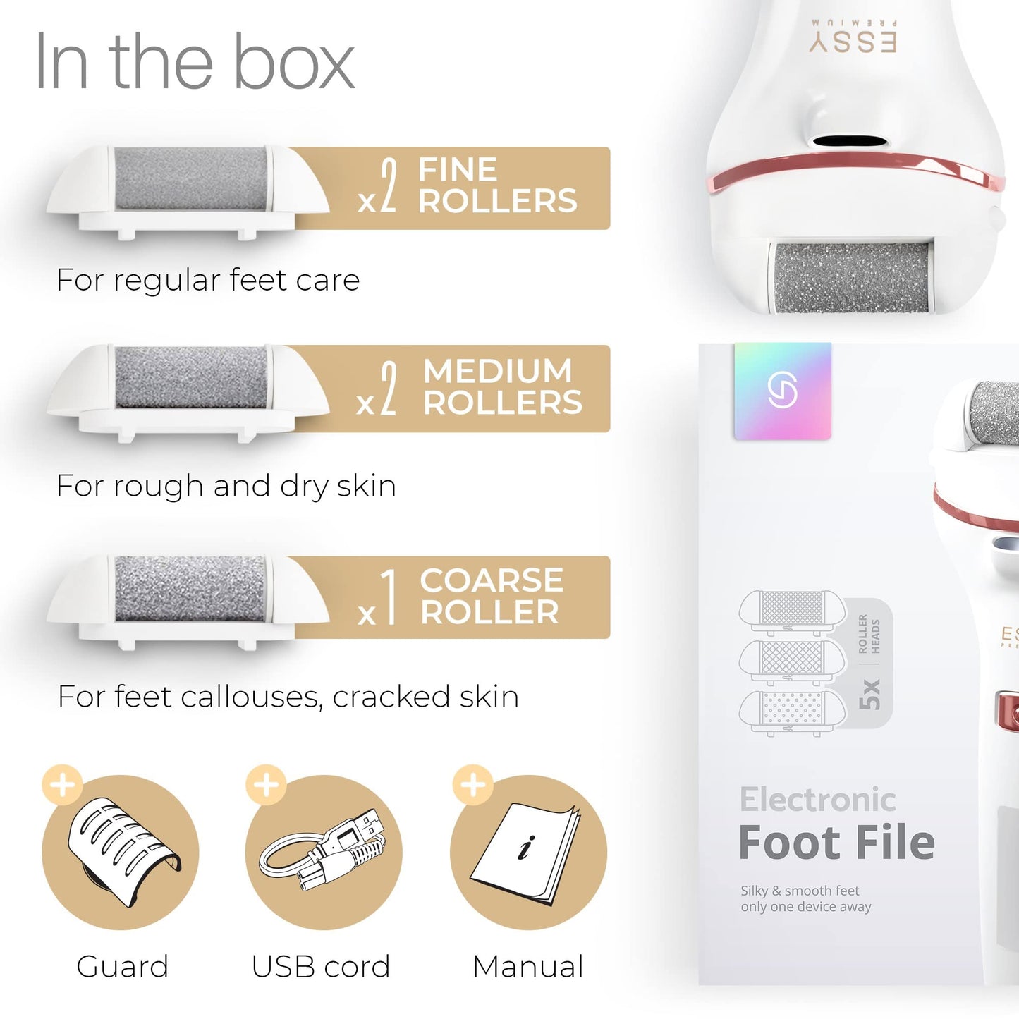 Essy Pedicure Electric Foot File – Rechargeable Callus Remover, Dead Skin Scraper with 5 Replacement Rollers for Smooth Feet