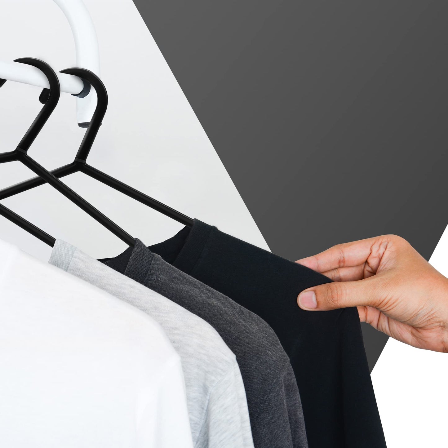KEPLIN Adult Plastic Coat Hangers , Black Colour, Strong Clothes for Clothes Rail & Closet,Hanger with Suit Pants Trouser Bar and Clips, Space Saving