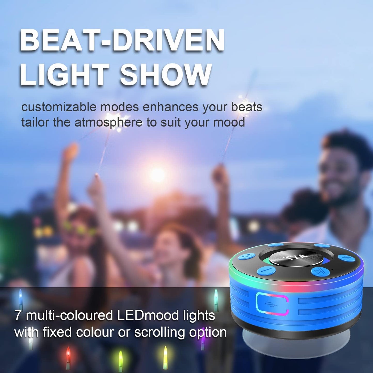 Dyurwa Bluetooth Shower Speaker, IPX7 Waterproof Portable Bluetooth Speaker with Suction Cup, Wireless 360°Surround Sound, LED Light Show, Built-in Mic, for Party, Travel, Beach, Outdoor