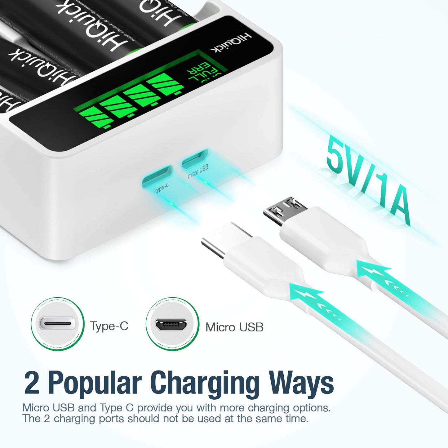 HiQuick 8 x 2800mAh AA NI-MH Rechargeable Batteries with 4-slot LCD Batter Charger, Fast Charging Function, Type C and Micro USB Input, Battery and Charger Set