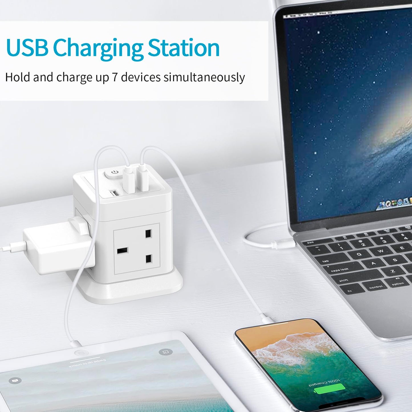 Cube Extension Lead with USB Slots, BEVA 4 Way Multi Plug Power Strip with 3 USB Ports, Desktop Power Extension Socket with 1.5M Extension Cords for Home Dorm Office