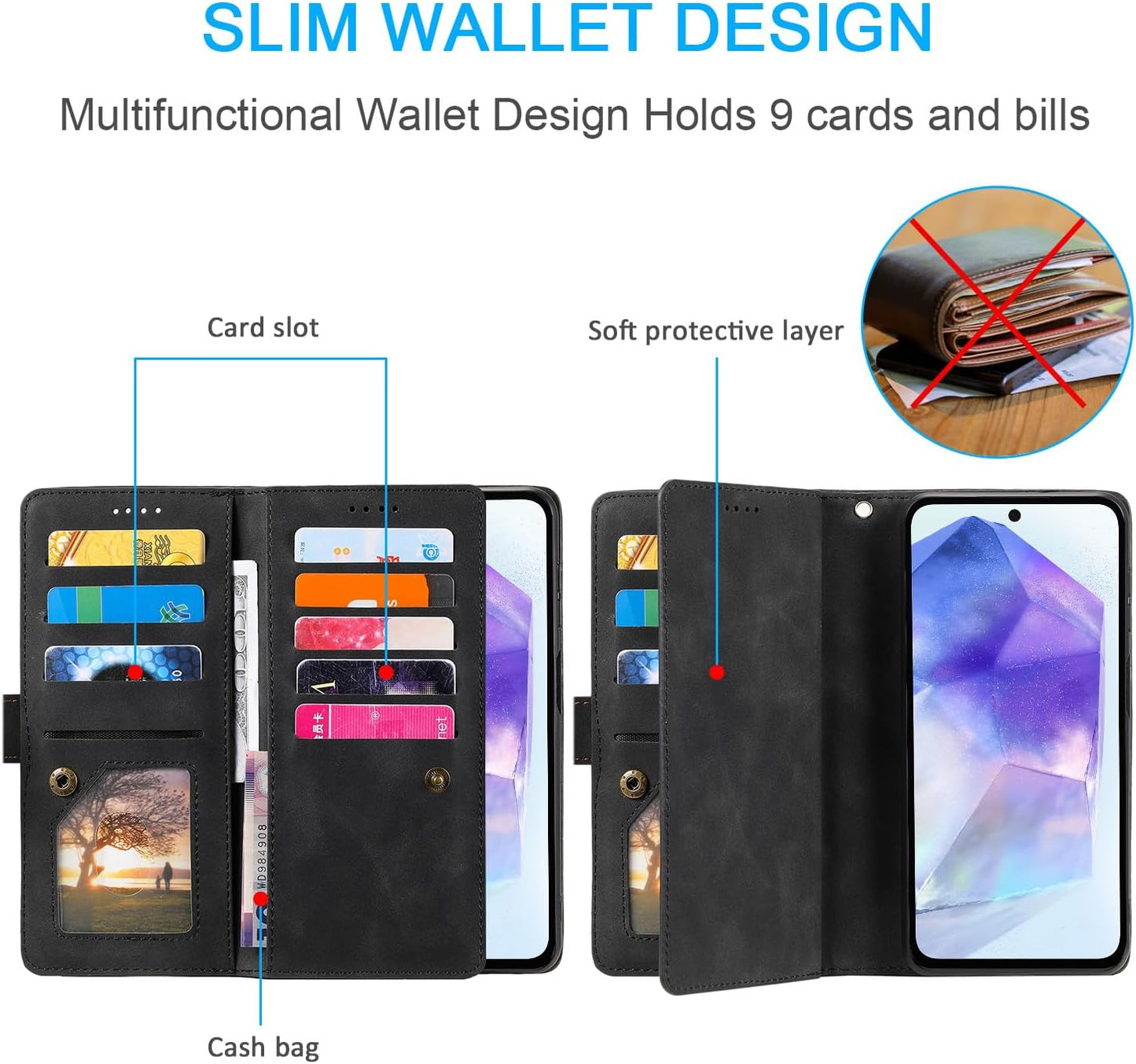 UEEBAI Wallet Case for Samsung Galaxy A15 – Retro PU Leather Flip Cover with 9 Card Slots, Zipper Pocket, Magnetic Closure, Kickstand & Wrist Strap, Shockproof Protective Case