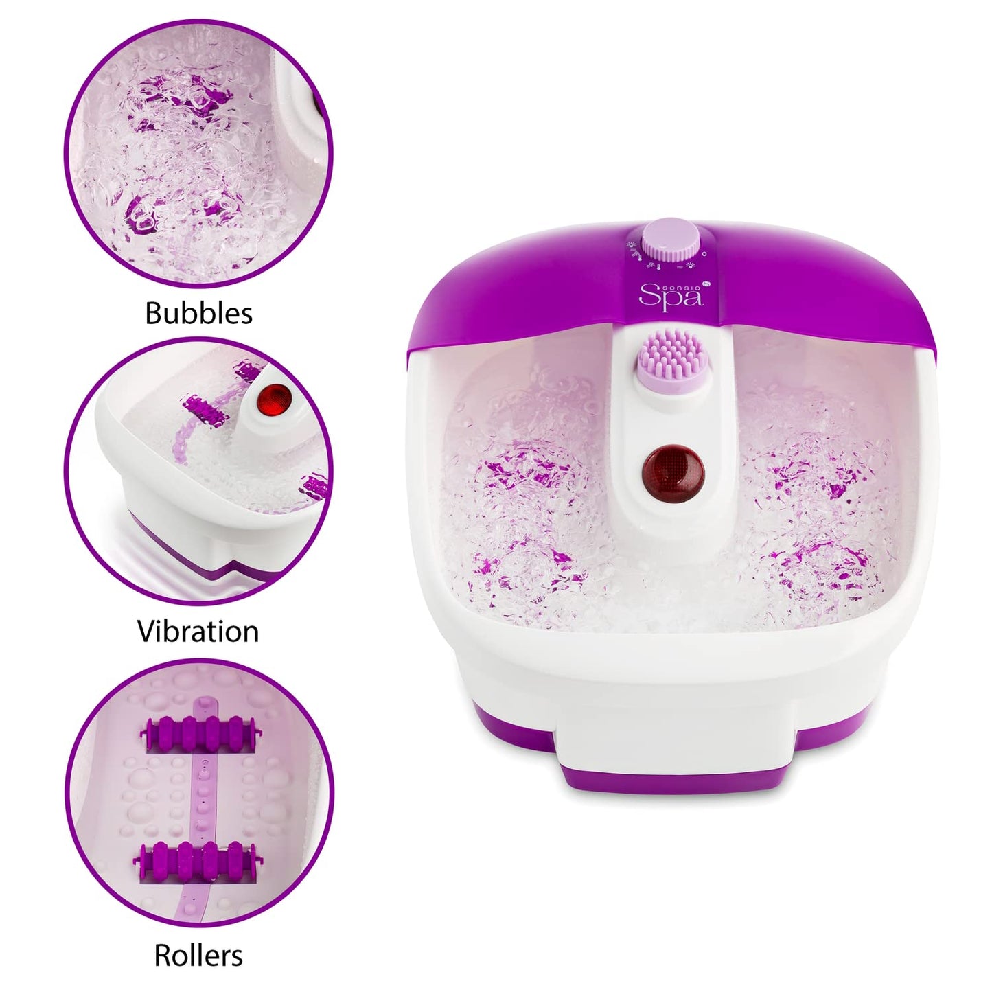 Sensio Spa Pedicure Foot Massager Bath – Heat, Bubbles & 9 Massage Accessories for Ultimate Home Foot Therapy, White & Purple