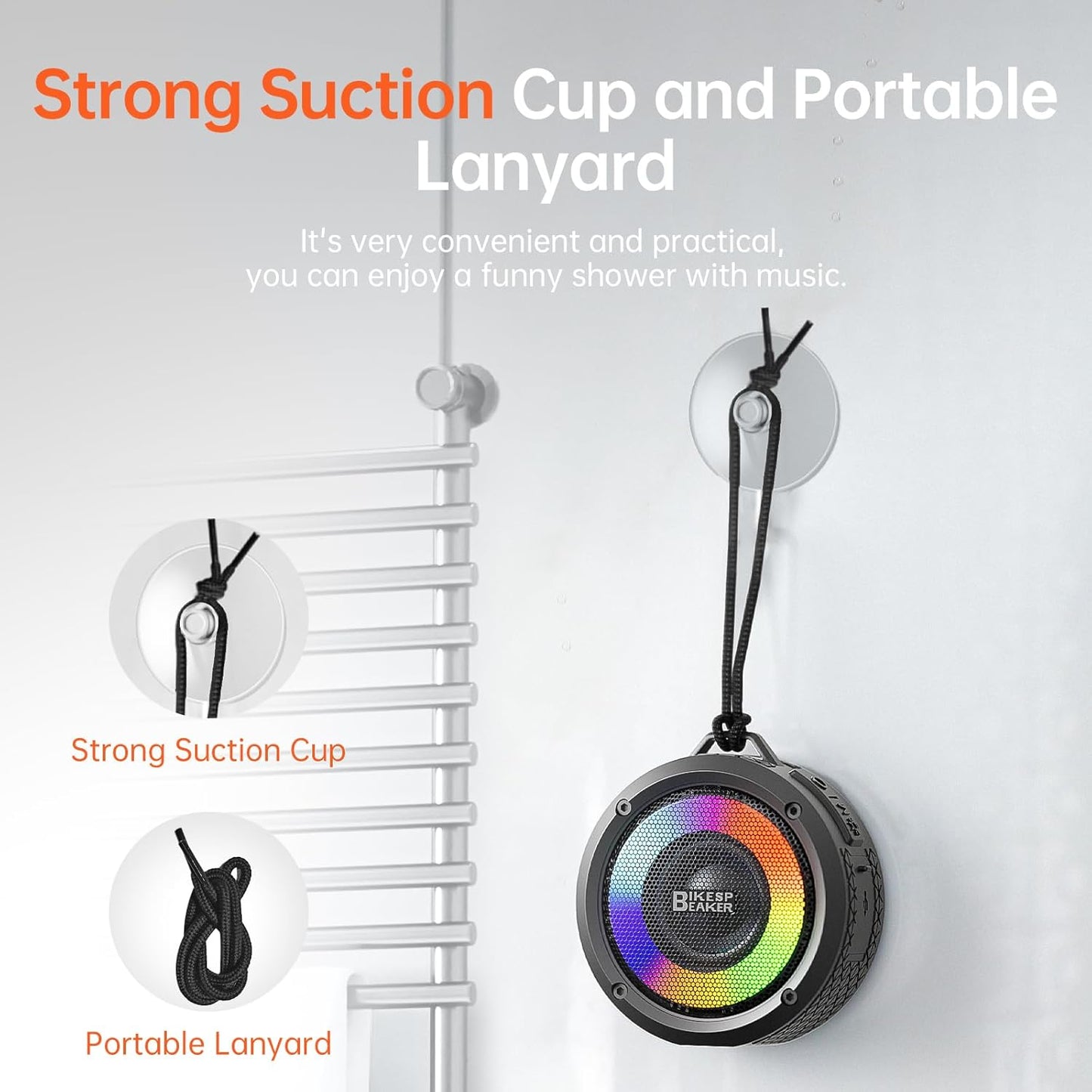Bluetooth Shower Speaker, Portable Bluetooth Speaker HD Sound with Suction Cup/Lanyard, IPX7 Waterproof Wireless Speaker with RGB Light, Built-in Mic, USB, Mini Speaker for Bathroom, Party, Outdoor