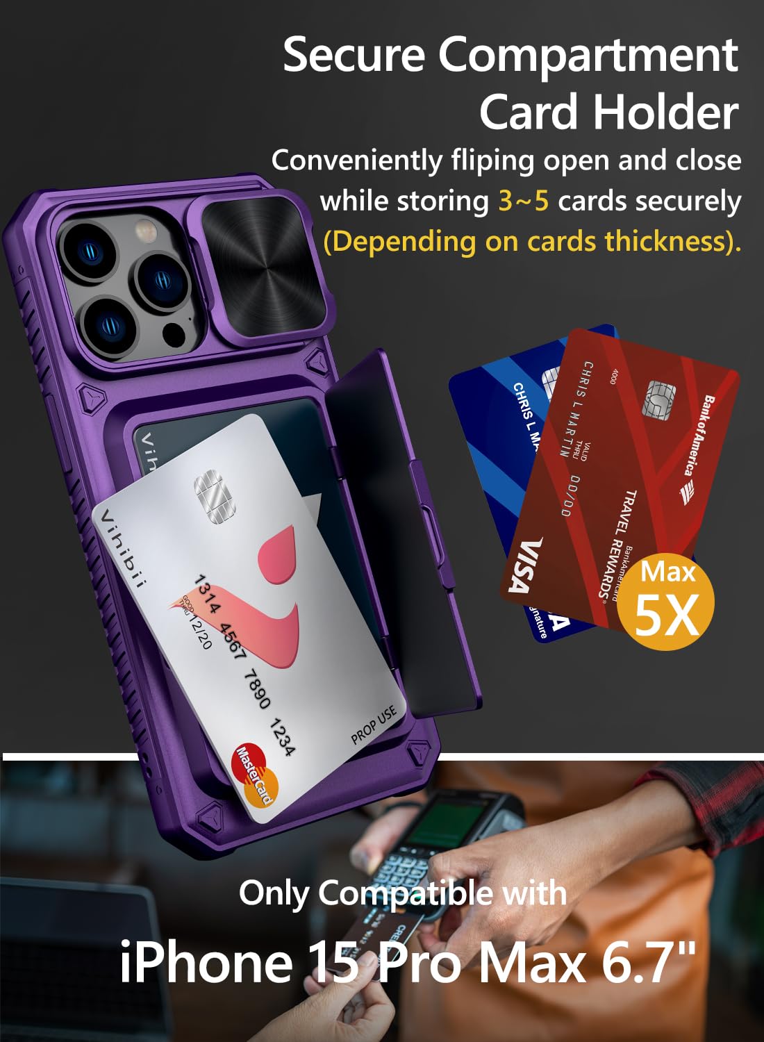 Vihibii for iPhone 15 Pro Max Case with Card Holder & Slide Camera Cover & Kickstand, Military Grade Drop Protection, Rugged Hard Back & Silicone Edge Wallet Phone Case