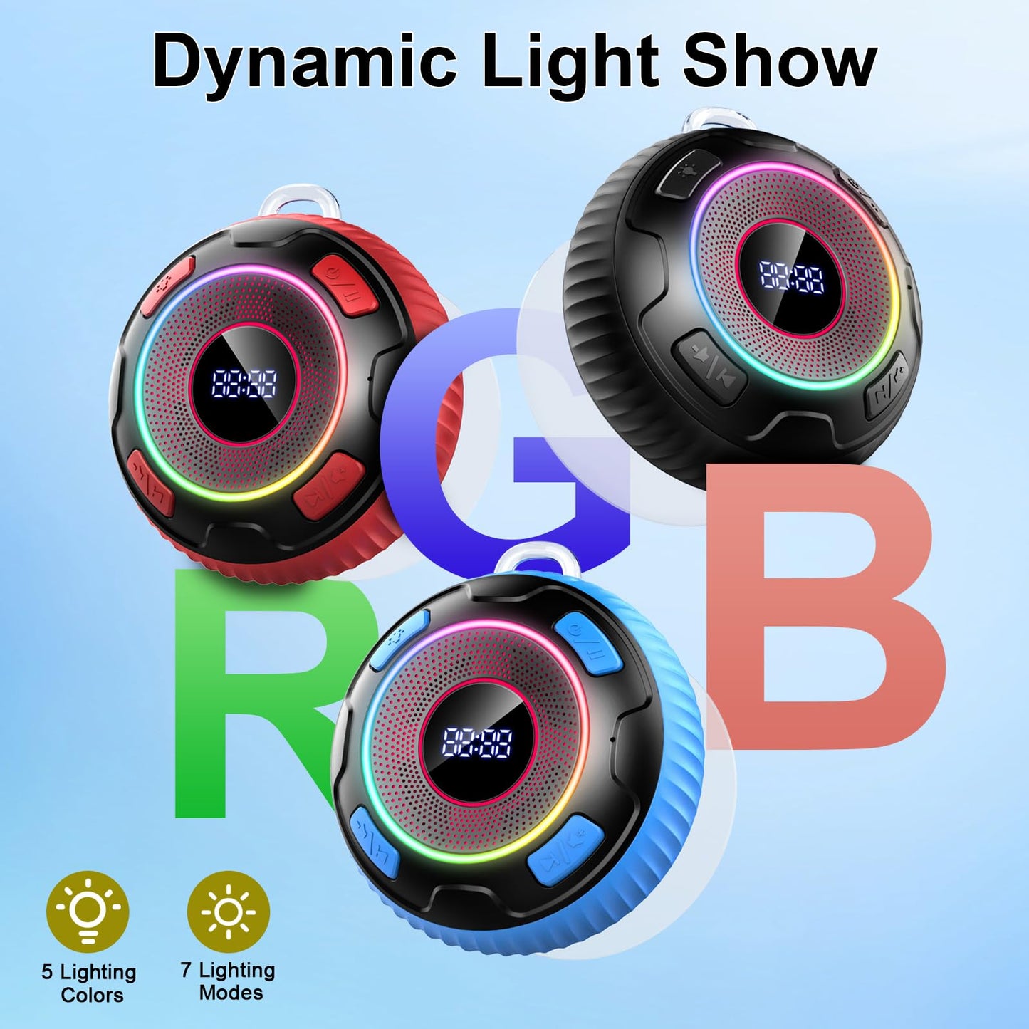 Bluetooth Shower Speaker, Portable Bluetooth Speaker V5.3 360°Surround Sound with Suction Cup/Lanyard, IPX7 Waterproof Mini Wireless Speaker with Built-in Mics, RGB Lights for Bathroom/Travel/Party
