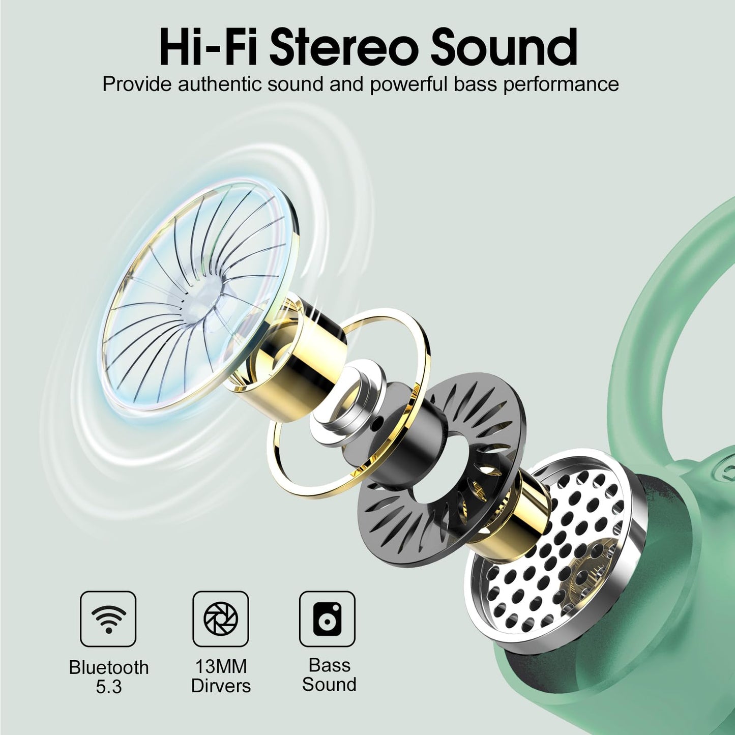 Waterproof Wireless Earbuds Bluetooth 5.3 – 4 ENC Noise Canceling Mics, 50H Battery, Dual LED Display, Sport Earhooks