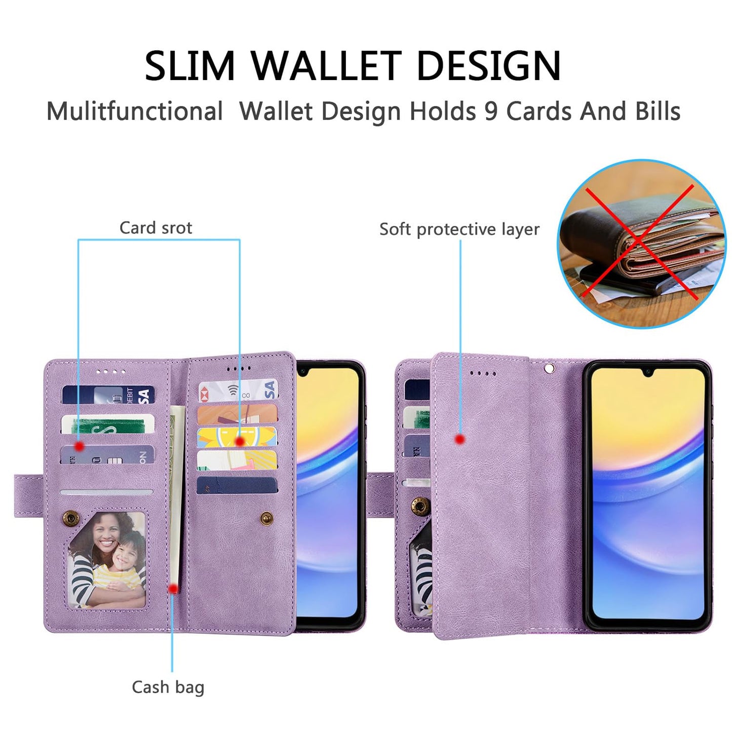 UEEBAI Wallet Case for Samsung Galaxy A15 – Retro PU Leather Flip Cover with 9 Card Slots, Zipper Pocket, Magnetic Closure, Kickstand & Wrist Strap, Shockproof Protective Case