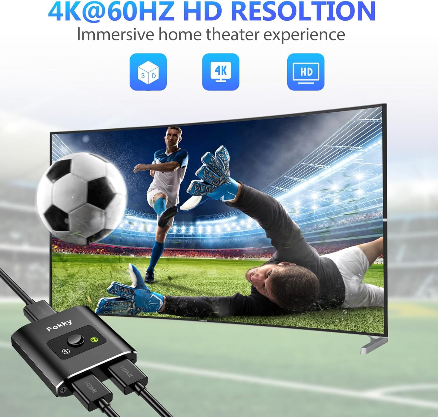 Fokky HDMI Splitter 4K@60Hz, Bidirectional HDMI Switch, Aluminum HDMI Splitter 2 in 1 out / 1 In 2 out, HDMI Splitter for dual monitors, Support 3D 1080P, suit for Xbox,PS5/4,DVD, (CABLE NOT INCLUDE)