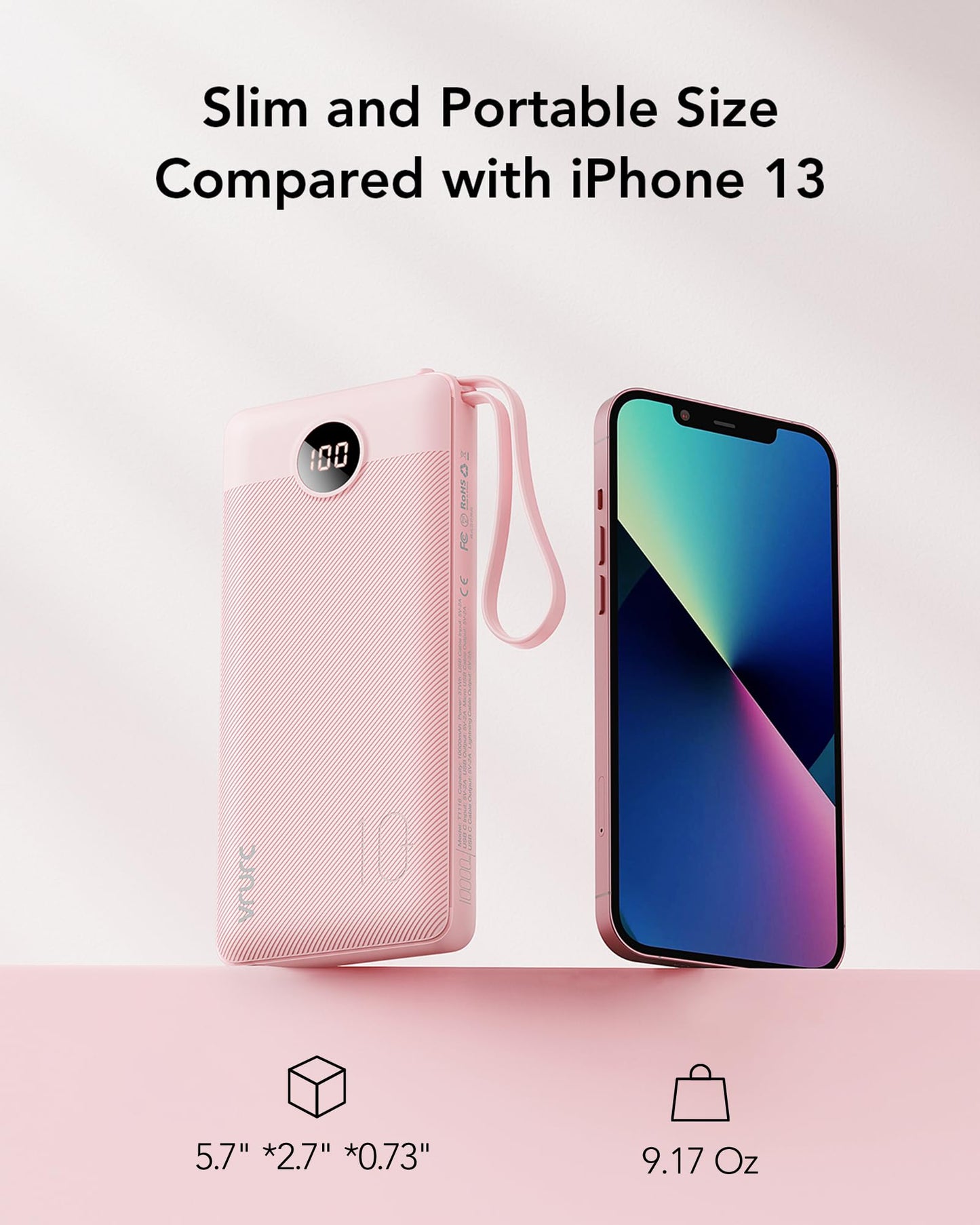 Power Bank With Built in Cables VRURC 10000mAh ,USB C Battery Pack Portable Charger with 5 Outputs 2 Inputs Powerbank LED Display compatible with iPhone 14 13 12 Samsung S21 S20 Xiaomi iPad