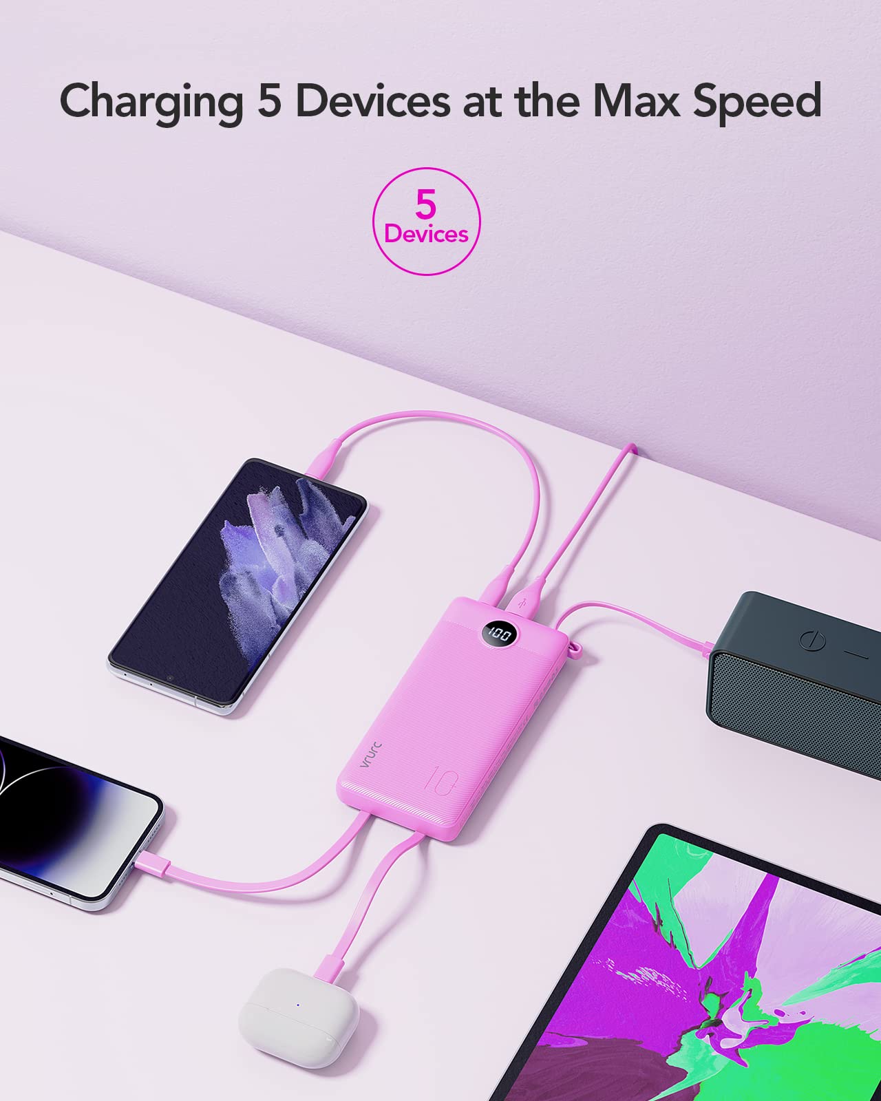 Power Bank With Built in Cables VRURC 10000mAh ,USB C Battery Pack Portable Charger with 5 Outputs 2 Inputs Powerbank LED Display compatible with iPhone 14 13 12 Samsung S21 S20 Xiaomi iPad