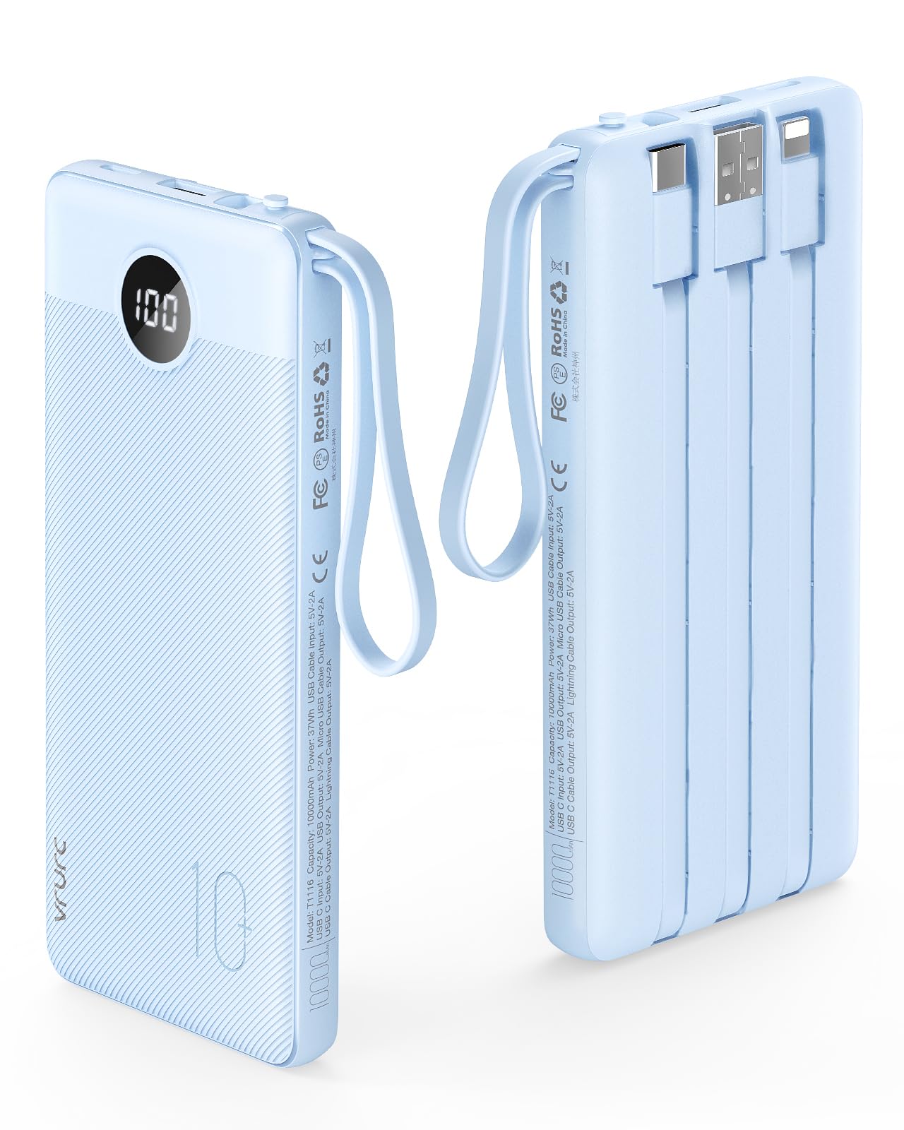 Power Bank With Built in Cables VRURC 10000mAh ,USB C Battery Pack Portable Charger with 5 Outputs 2 Inputs Powerbank LED Display compatible with iPhone 14 13 12 Samsung S21 S20 Xiaomi iPad