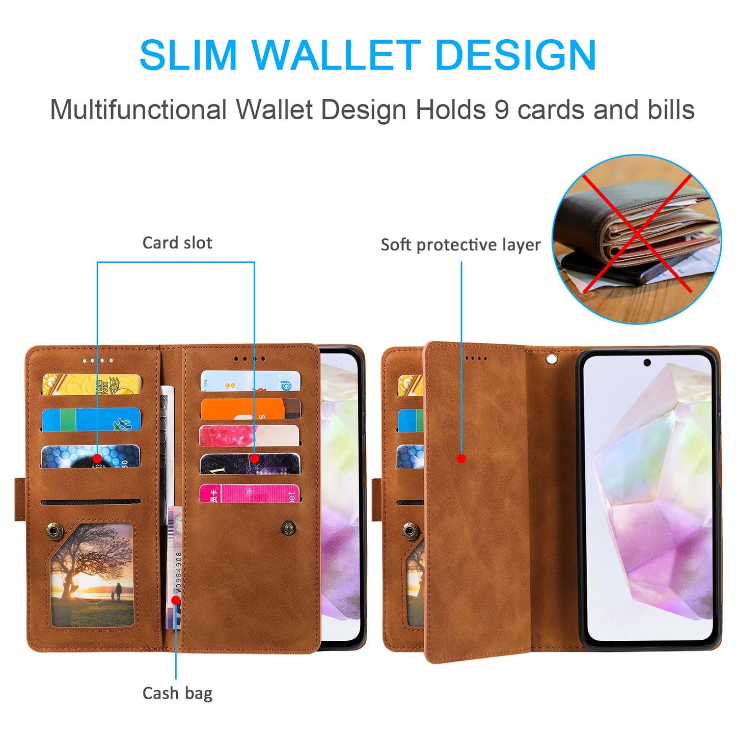 UEEBAI Wallet Case for Samsung Galaxy A15 – Retro PU Leather Flip Cover with 9 Card Slots, Zipper Pocket, Magnetic Closure, Kickstand & Wrist Strap, Shockproof Protective Case