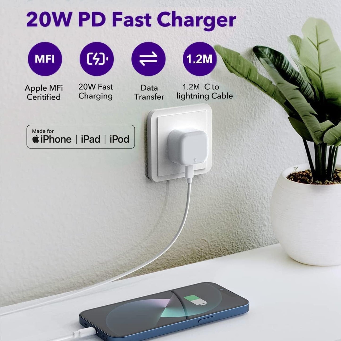 iPhone Fast Charger, 20W USB C Fast Charger Plug with iPhone Charger Cable 1M, iPhone Charger Plug and Cable for iPhone 14/14 Mini/ 14 Pro/ 14 Pro Max/ 13/12/ 11/ SE/ 8/7, Pad