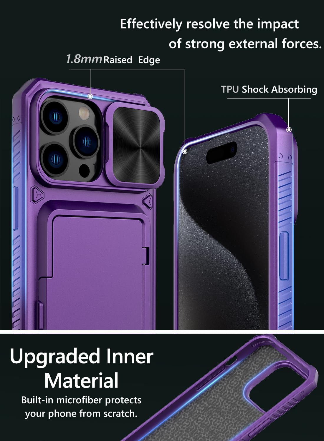 Vihibii for iPhone 15 Pro Max Case with Card Holder & Slide Camera Cover & Kickstand, Military Grade Drop Protection, Rugged Hard Back & Silicone Edge Wallet Phone Case