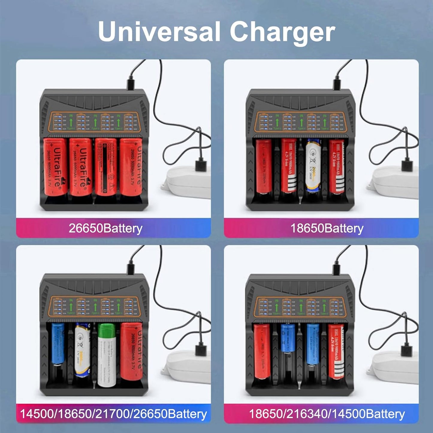18650 Battery Charger Rechargeable Universal 4-Bay Charger, Automatic LCD Display,Fast Charging for Ni-MH/CD 3.7v Lithium 22650 21700 10340 10440 14500 16340 17335 17500 17670 18500 20700