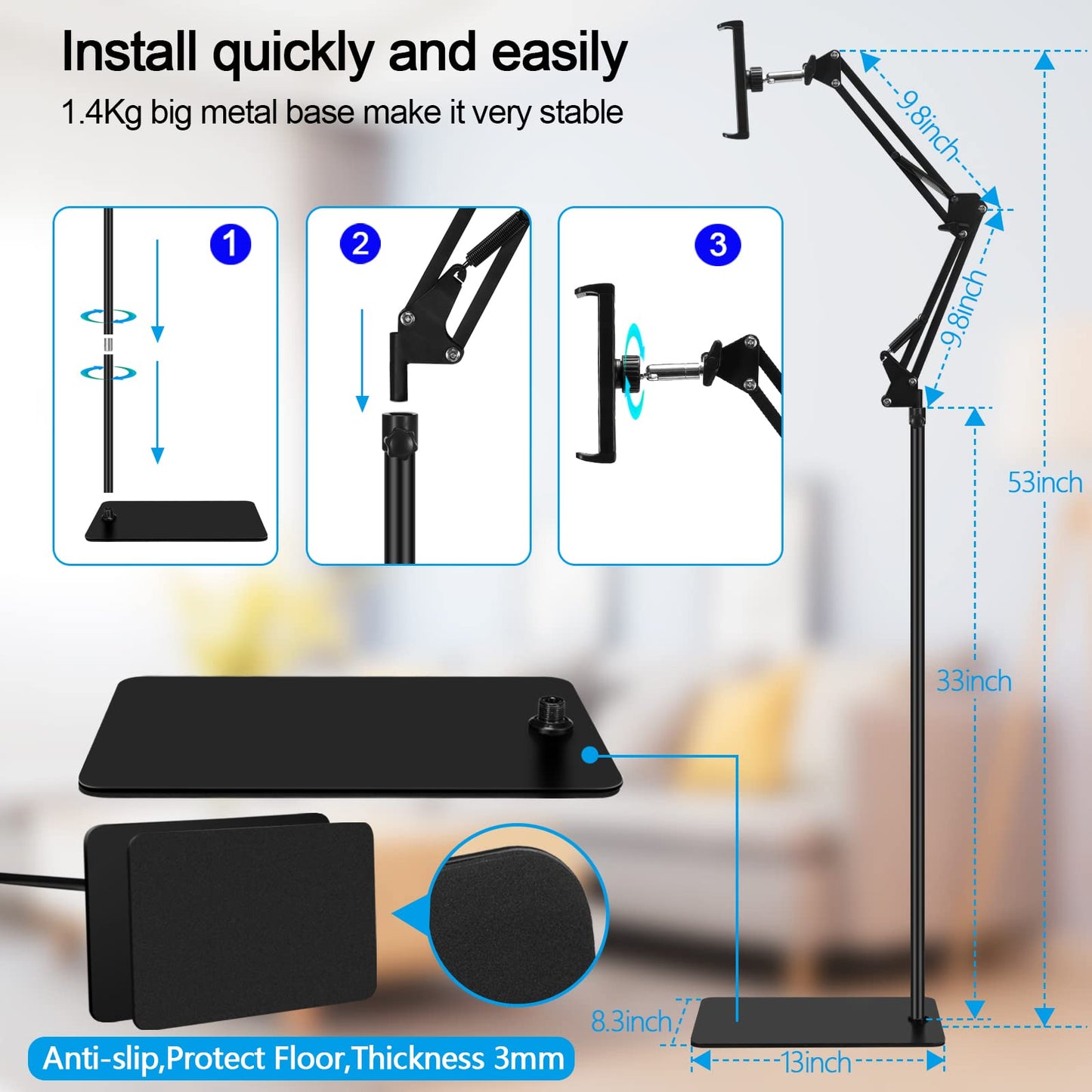 SAMHOUSING Adjustable Tablet Floor Stand – Universal 360° Rotatable Metal Holder for iPad, iPhone, & Tablets (4.7” to 12.9” Screens) – Black