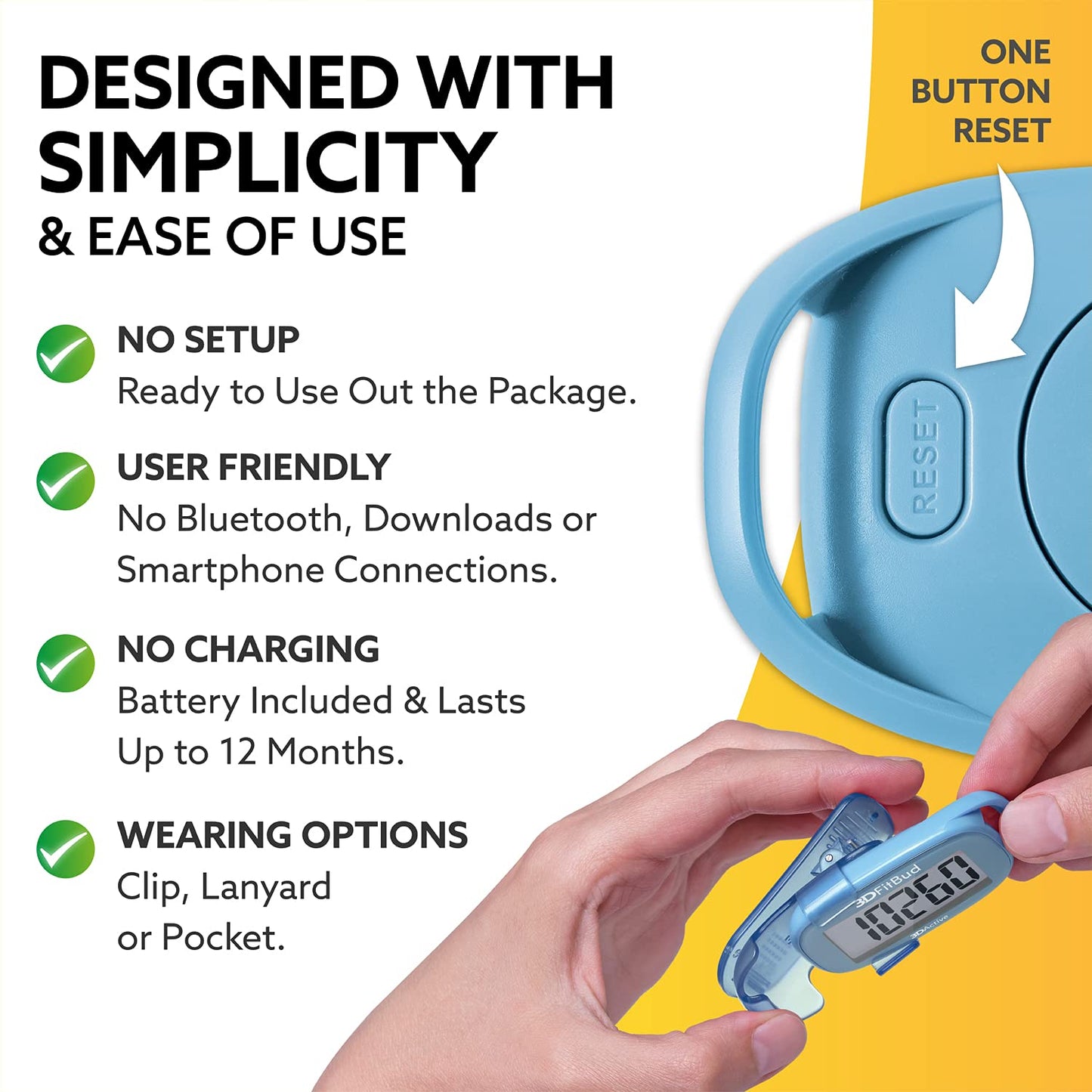 3DFitBud Simple Step Counter Walking 3D Pedometer with Clip and Lanyard, A420S