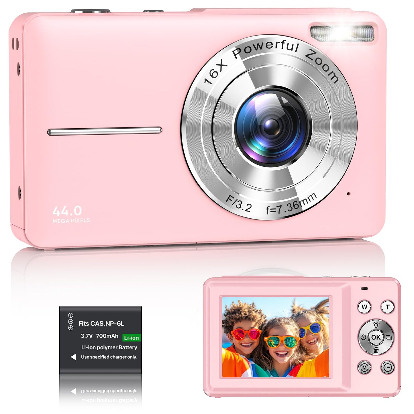 1080P FHD Compact Digital Camera 44MP – Mini Portable Vlogging Camera with 2.4" LCD, 16X Zoom, Battery Included (Pink, No SD Card)