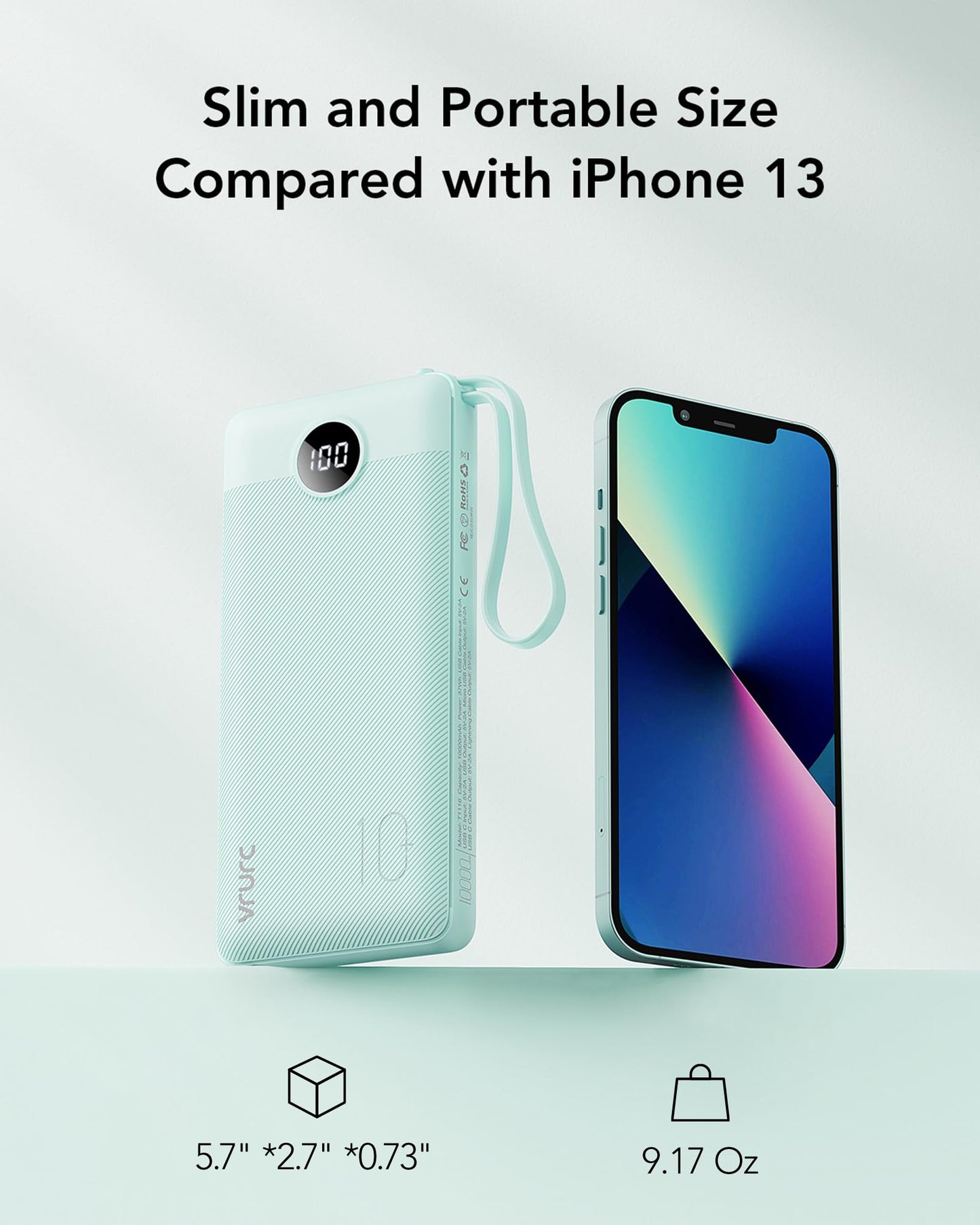 Power Bank With Built in Cables VRURC 10000mAh ,USB C Battery Pack Portable Charger with 5 Outputs 2 Inputs Powerbank LED Display compatible with iPhone 14 13 12 Samsung S21 S20 Xiaomi iPad