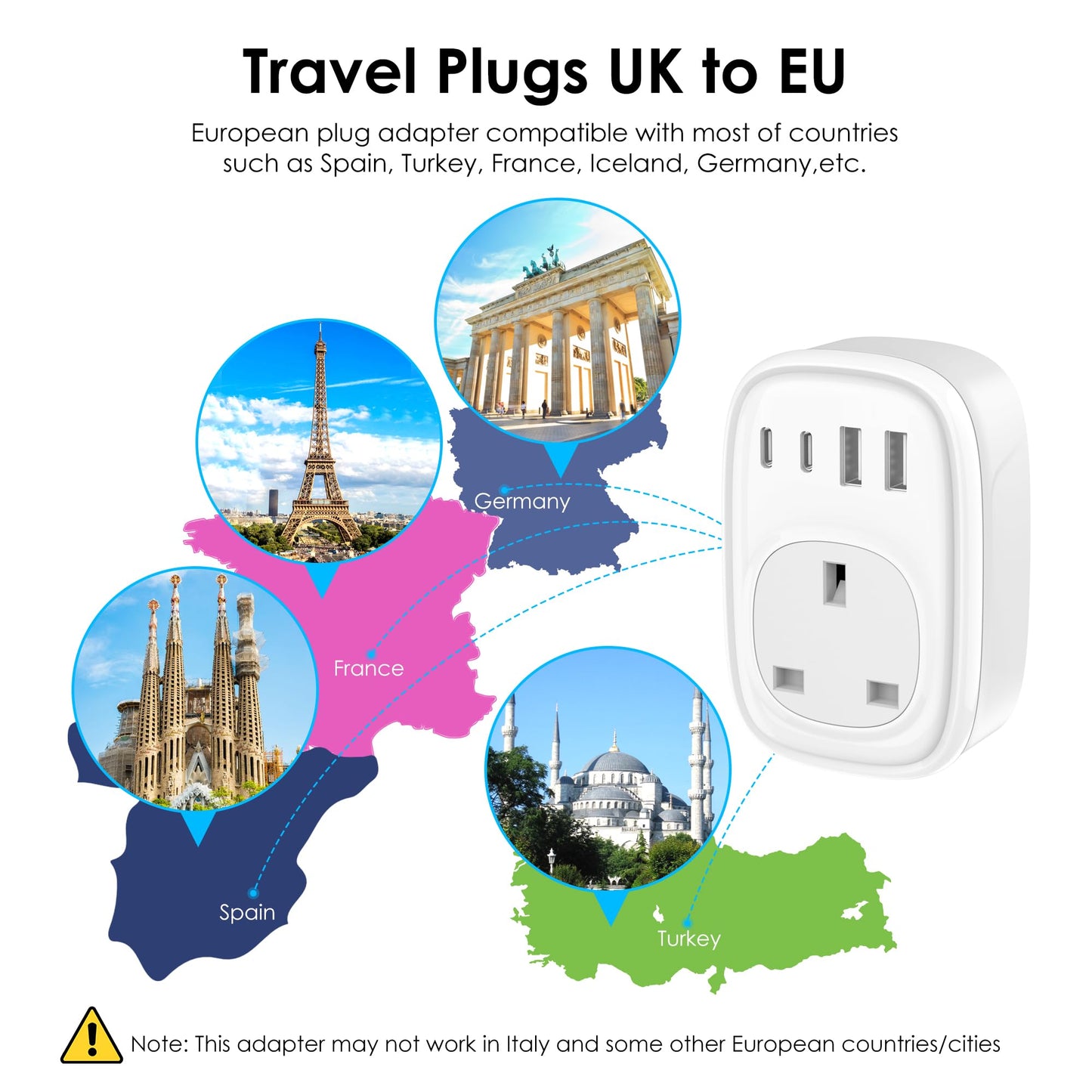 Tusreda UK to European Plug Adapter – USB-C Fast Charger, Grounded Type E/F Travel Adapter for Spain, France, Germany & More