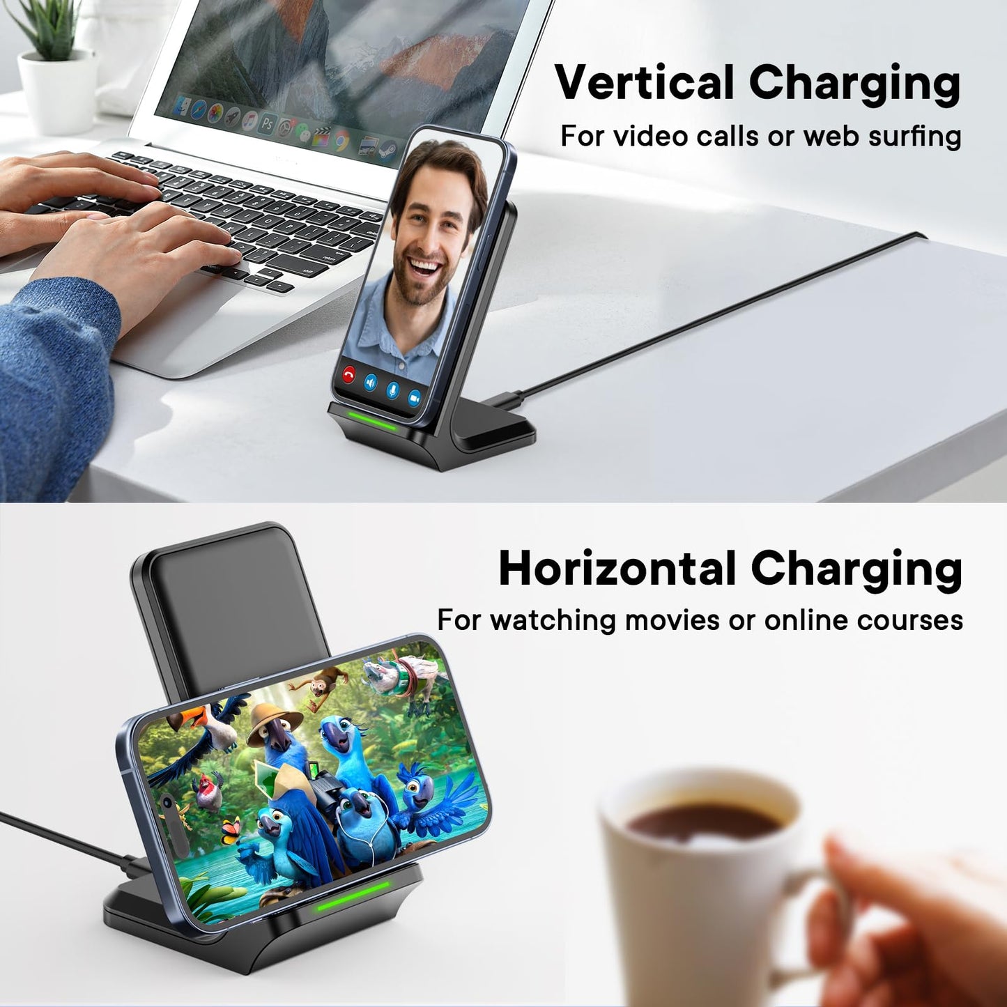 Wireless Charger, 15W Wireless Charging Stand, Wireless Charging Station for iPhone/Pro/Max/Plus, Samsung Galaxy and Qi-Enabled Phone