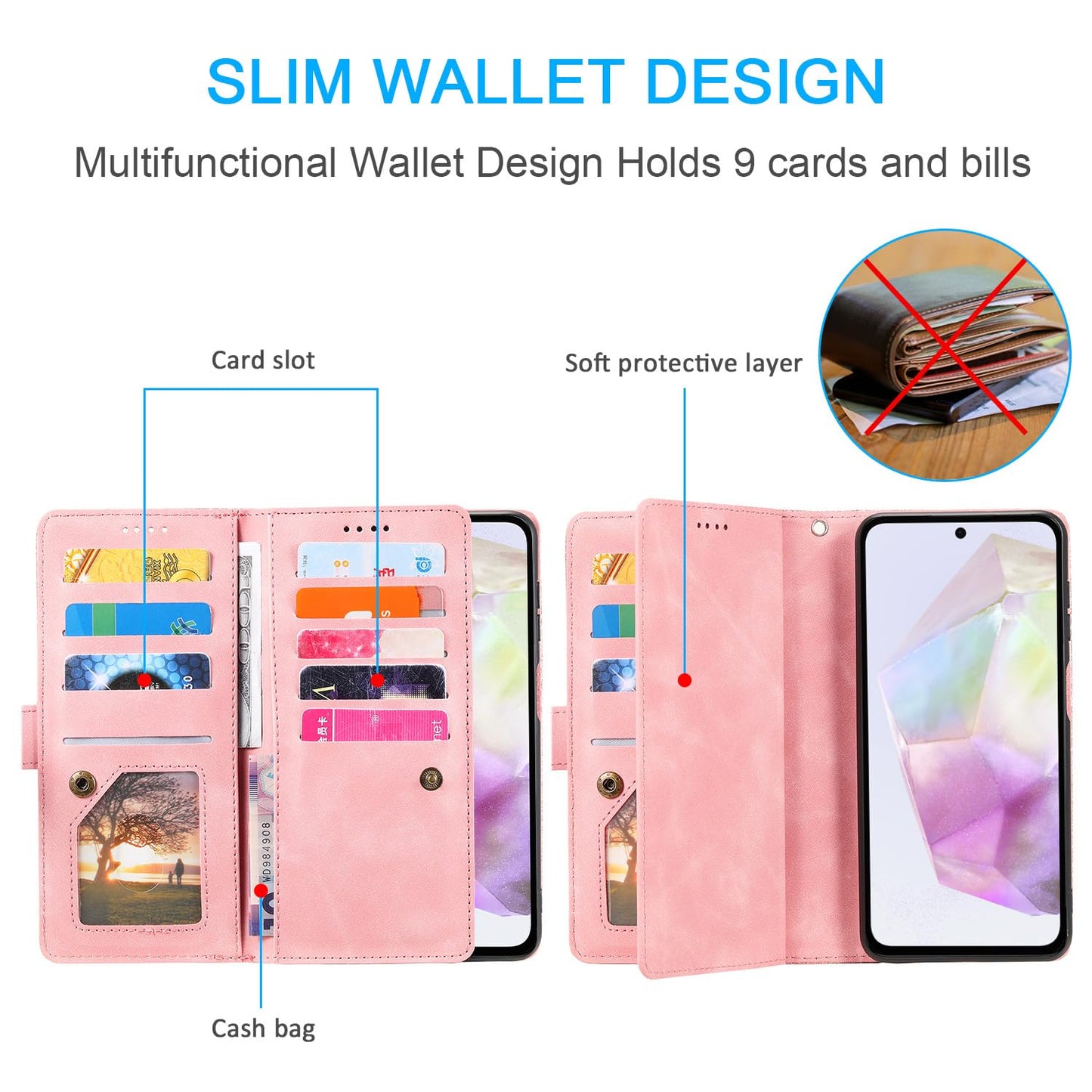 UEEBAI Wallet Case for Samsung Galaxy A15 – Retro PU Leather Flip Cover with 9 Card Slots, Zipper Pocket, Magnetic Closure, Kickstand & Wrist Strap, Shockproof Protective Case