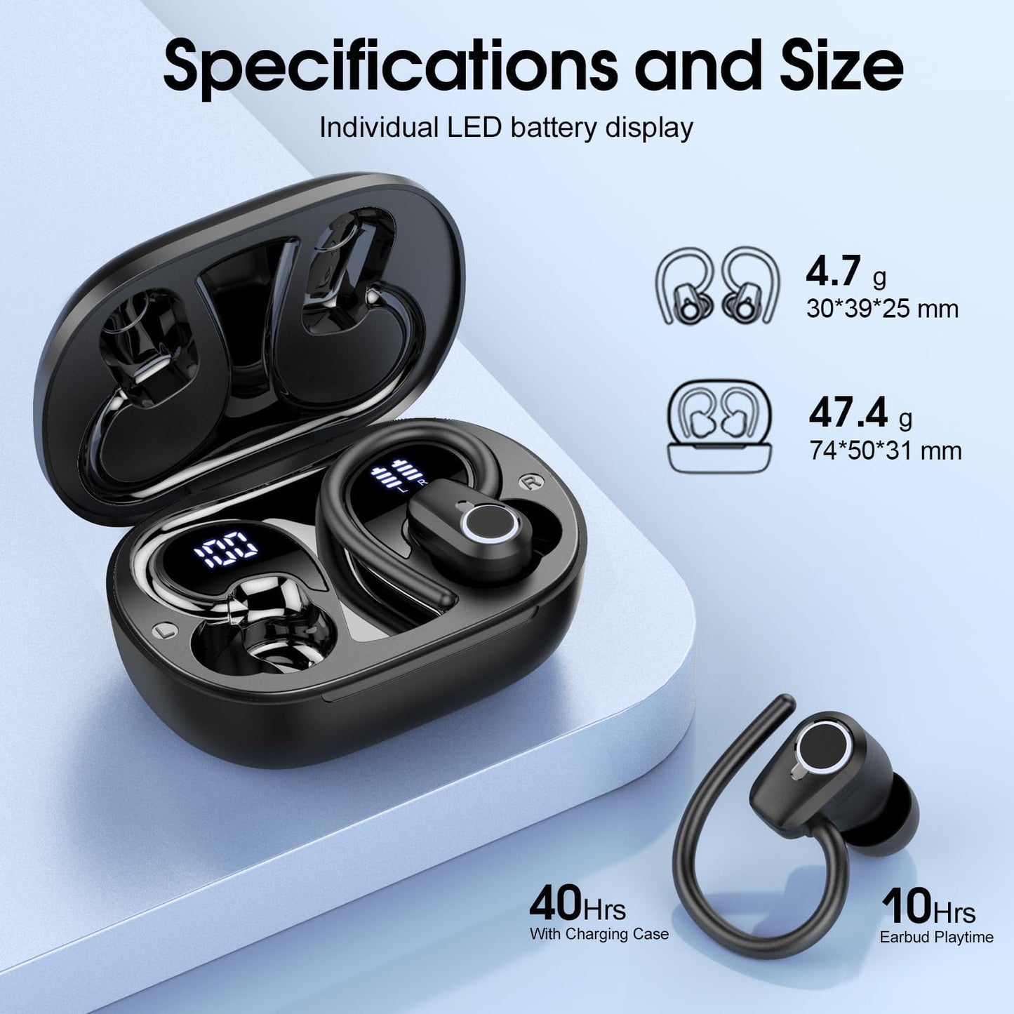 Waterproof Wireless Earbuds Bluetooth 5.3 – 4 ENC Noise Canceling Mics, 50H Battery, Dual LED Display, Sport Earhooks