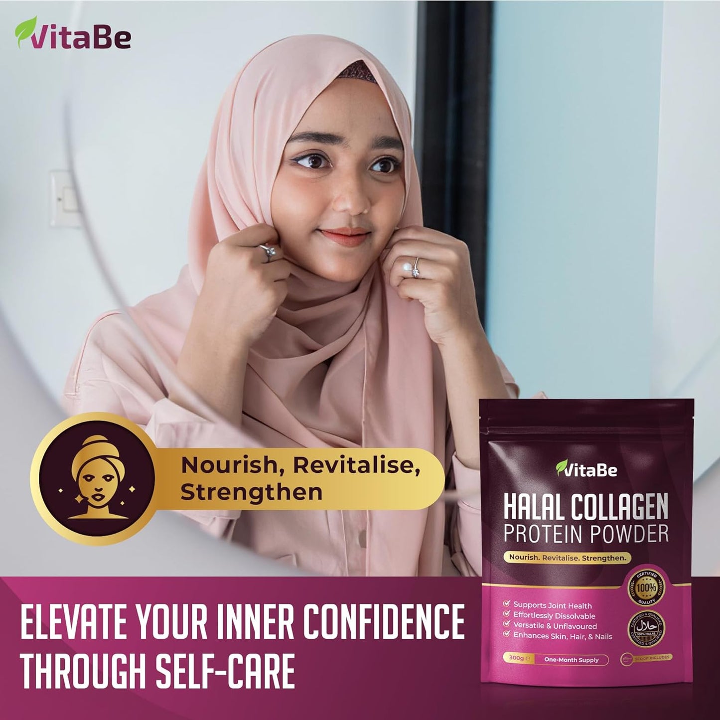 Halal Bovine Collagen Powder 300g – Halal Certified Collagen Supplement for Skin, Hair, Nails & Joints Support – One Month Supply with Scoop Included