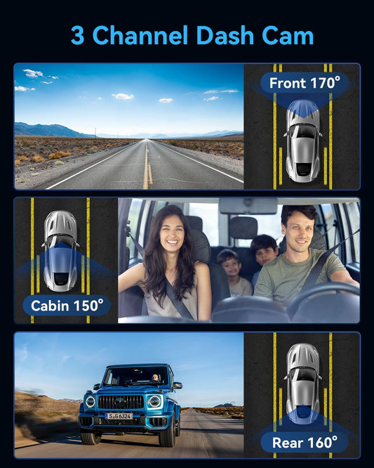 Dash Cam Front and Rear 4K Full HD, Dash Camera Included 32GB SD Card, 3 Channel Dash Camera for Cars, Dashcam with Night Vision, G-Sensor, 24H Parking Mode, Loop Recording