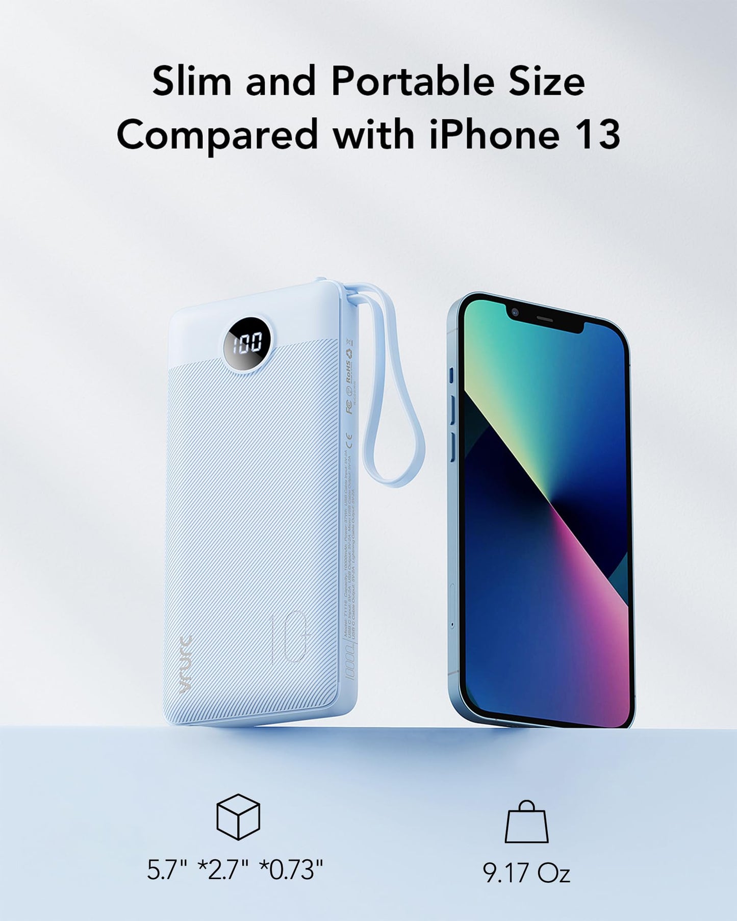 Power Bank With Built in Cables VRURC 10000mAh ,USB C Battery Pack Portable Charger with 5 Outputs 2 Inputs Powerbank LED Display compatible with iPhone 14 13 12 Samsung S21 S20 Xiaomi iPad