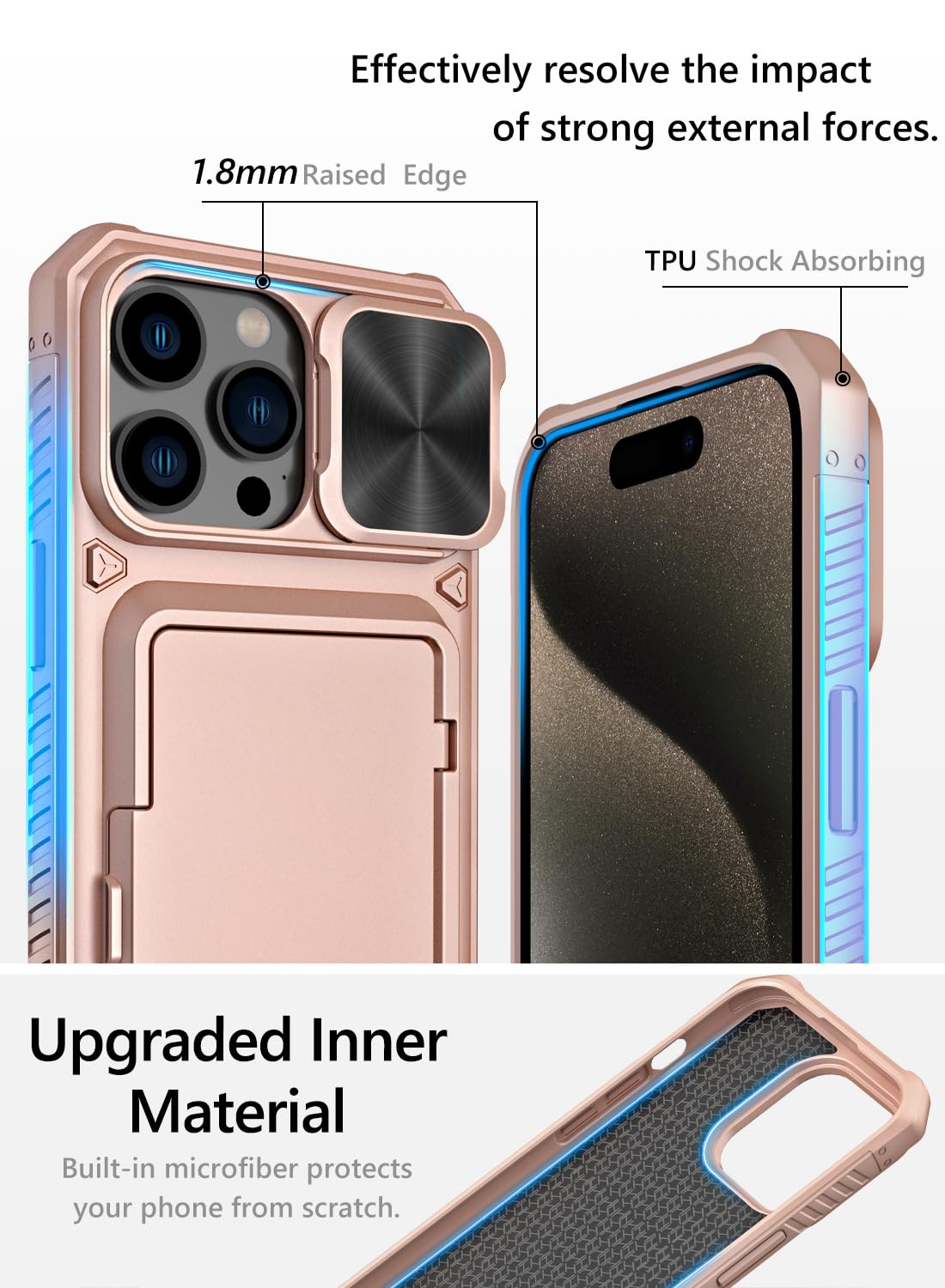 Vihibii for iPhone 15 Pro Max Case with Card Holder & Slide Camera Cover & Kickstand, Military Grade Drop Protection, Rugged Hard Back & Silicone Edge Wallet Phone Case