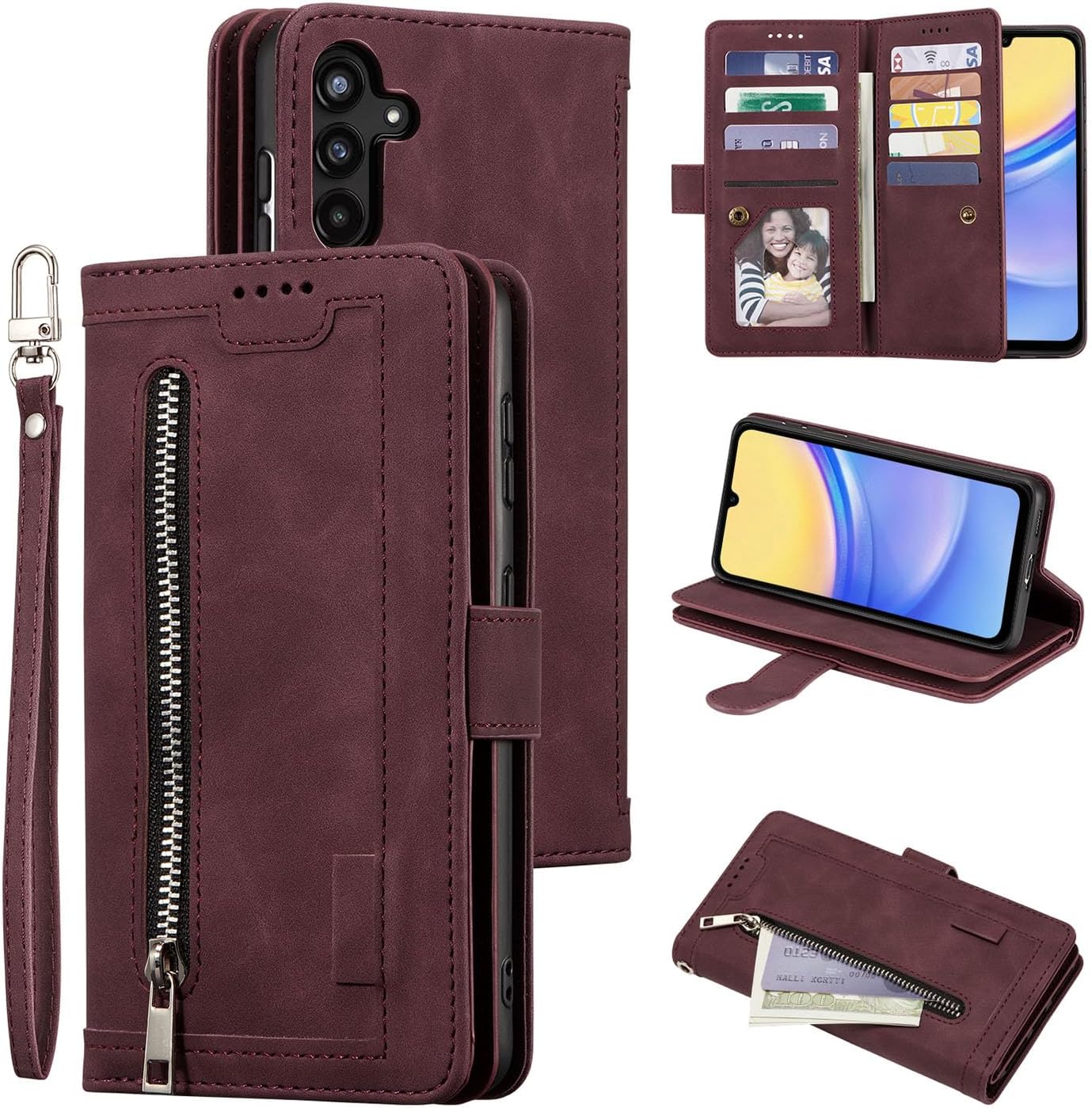UEEBAI Wallet Case for Samsung Galaxy A15 – Retro PU Leather Flip Cover with 9 Card Slots, Zipper Pocket, Magnetic Closure, Kickstand & Wrist Strap, Shockproof Protective Case