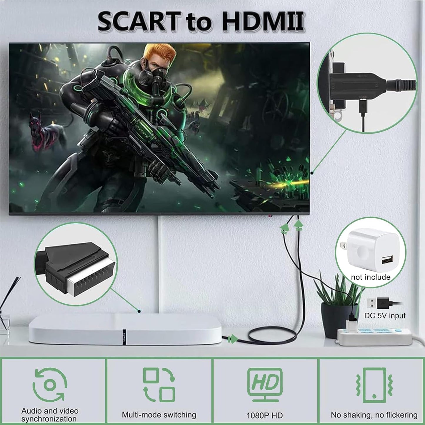 FAYAZ Scart to HDMI Converter, Scart to HDMI Cable with 720P/1080P Switch, with 80cm USB Cable,SCART Input to HDMI Output Connector for DVD Player to TV, HDTV Monitor Projector STB VHS Xbox PS3 Sky